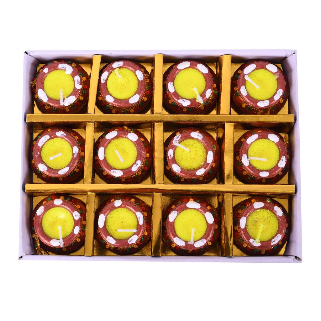 Collectible India 12 Diwali Diya Colorful Handmade Earthen Clay Handpainted Diyas for Diwali Pooja Festival Decoration Lights for Diwali Home Indoor Outdoor Decor Gift Box Packing (Set of 12)