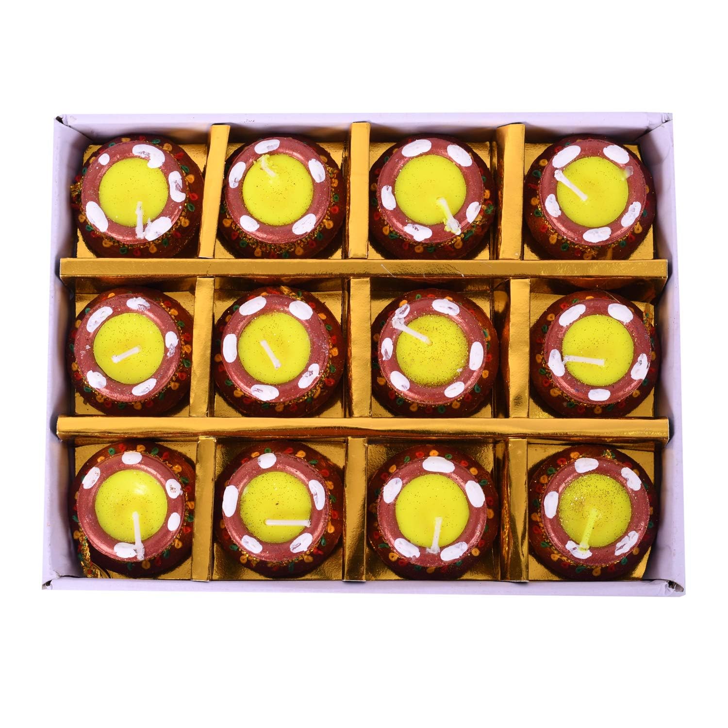 Collectible India 12 Diwali Diya Colorful Handmade Earthen Clay Handpainted Diyas for Diwali Pooja Festival Decoration Lights for Diwali Home Indoor Outdoor Decor Gift Box Packing (Set of 12)