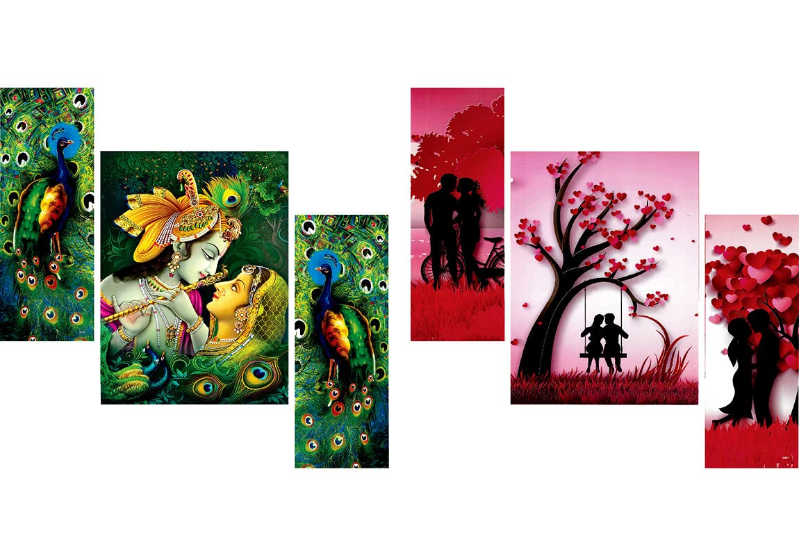 SAF paintings Beautiful Combo - Set of 3 Lord Radha Krishna Flute Love & Peacock Greenery Beautiful & Set Of 3 Couple Beautiful Painting (12 X 18 Inch)