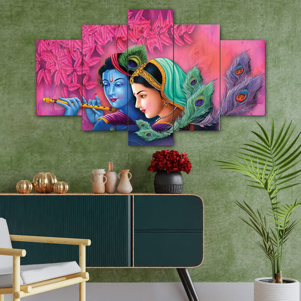 perpetual Radha Krishna Paintings for Wall Decoration - Set Of Five, 3d Scenery Vastu Painting for Living Room Large Size with Frames for Home Decoration, Hotel, Office (75 CM X 43 CM) K5D