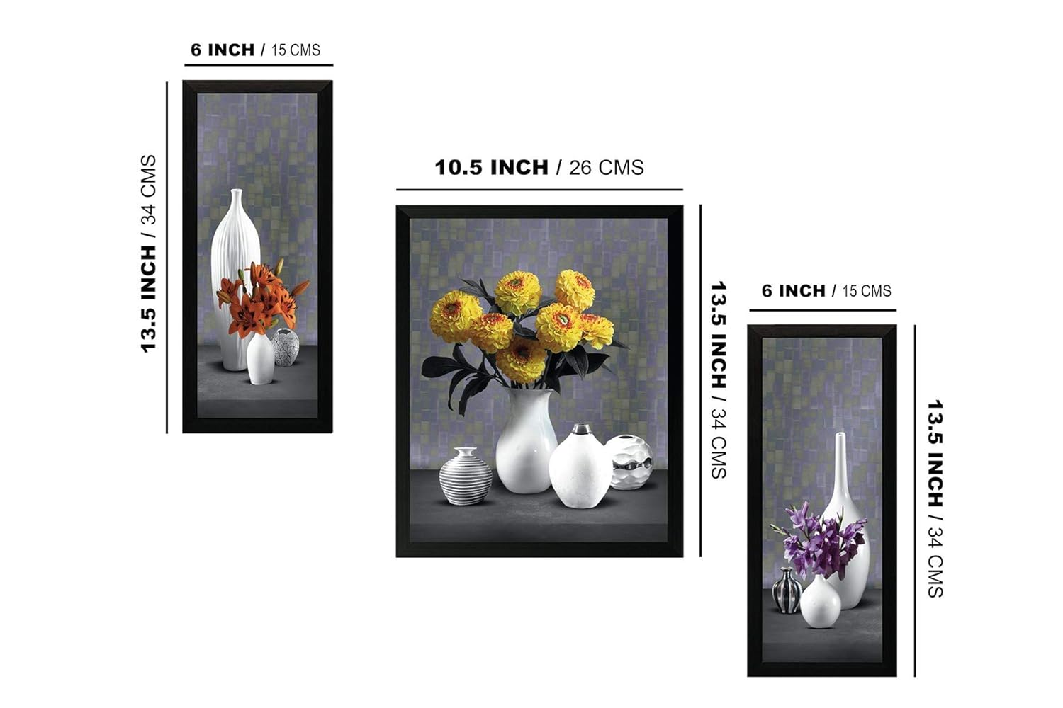 SAF paintings Set of 3 Flower Floral Pot UV Coated Home Decorative Gift Item Framed Painting 13.5 inch X 22 inch SANFSA7478