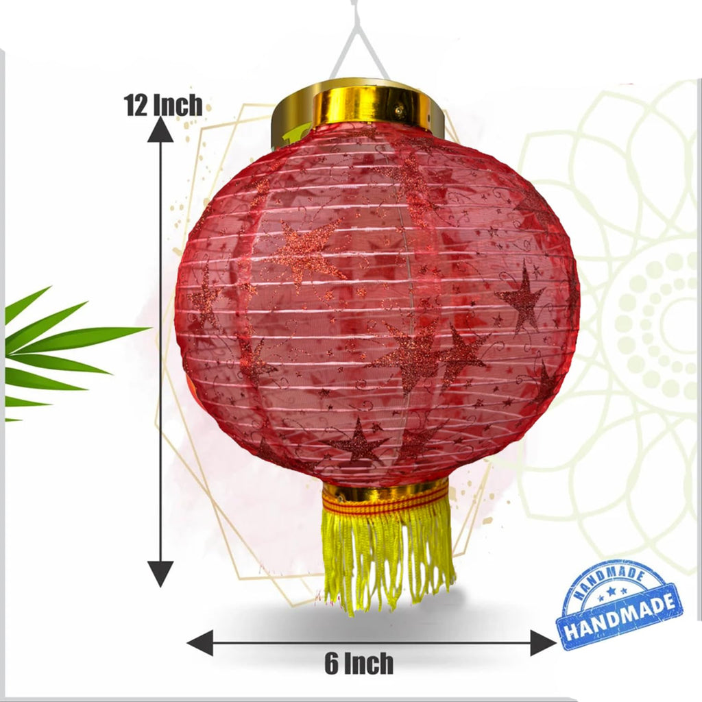 PartySanthe Star Print Pack of 1pc Cloth Diwali Hanging Lantern Handmade Traditional Festive Lantern Round 12inch - Random Design and Random Color Any 1pc