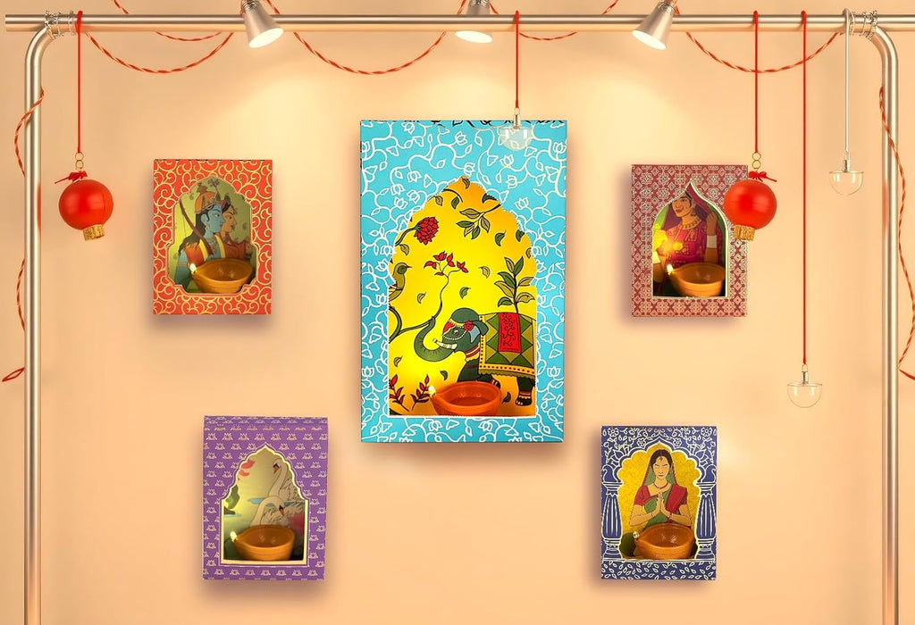 TOTA Jharokha Decorative Wall Hanging - Set of 6 +1 DIY Traditional Frames + 7 Water Sensitive LED Diyas for Diwali Decoration |Home Décor |Mandir Office and Pooja Room (Diwali Theme)
