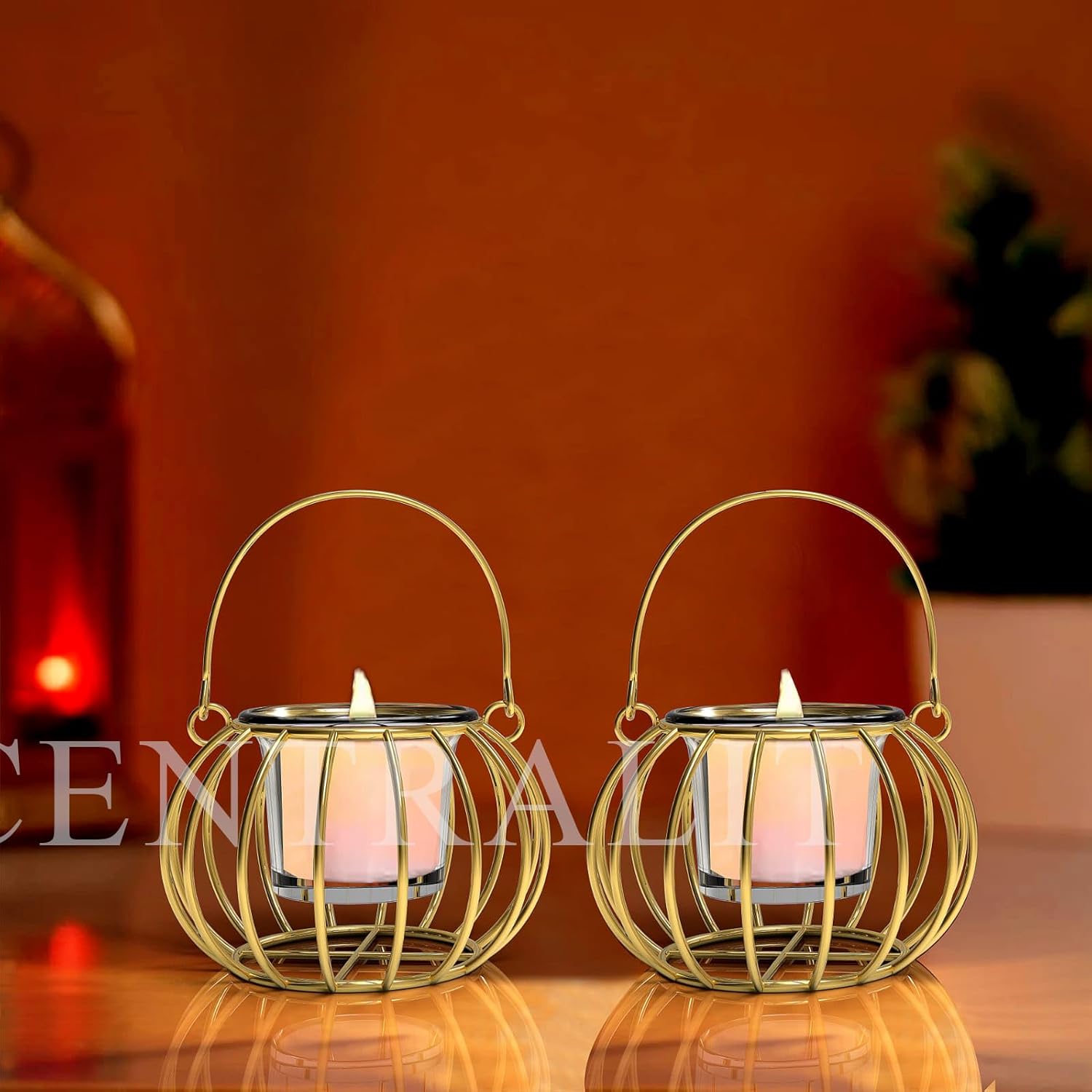 CentraLit Home Decor Items -Hanging Lantern With Glass Tea Light Candle - Diwali Diya Decor Puja Items - Return Gift For House Warming Ceremony- Varalakshmi Pooja Room Decor Pack Of 2 (Gold)