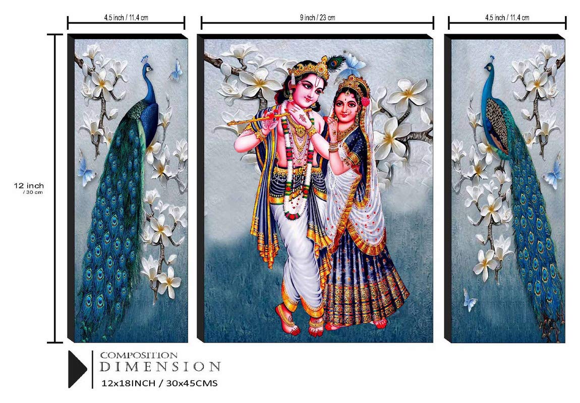 SAF paintings SANFJM31081 Radha Krishna with Couple Peacock UV Textured Home Decorative Self Adhesive Religious Painting (18 Inch X 12 Inch, Multicolor) - Set of 3