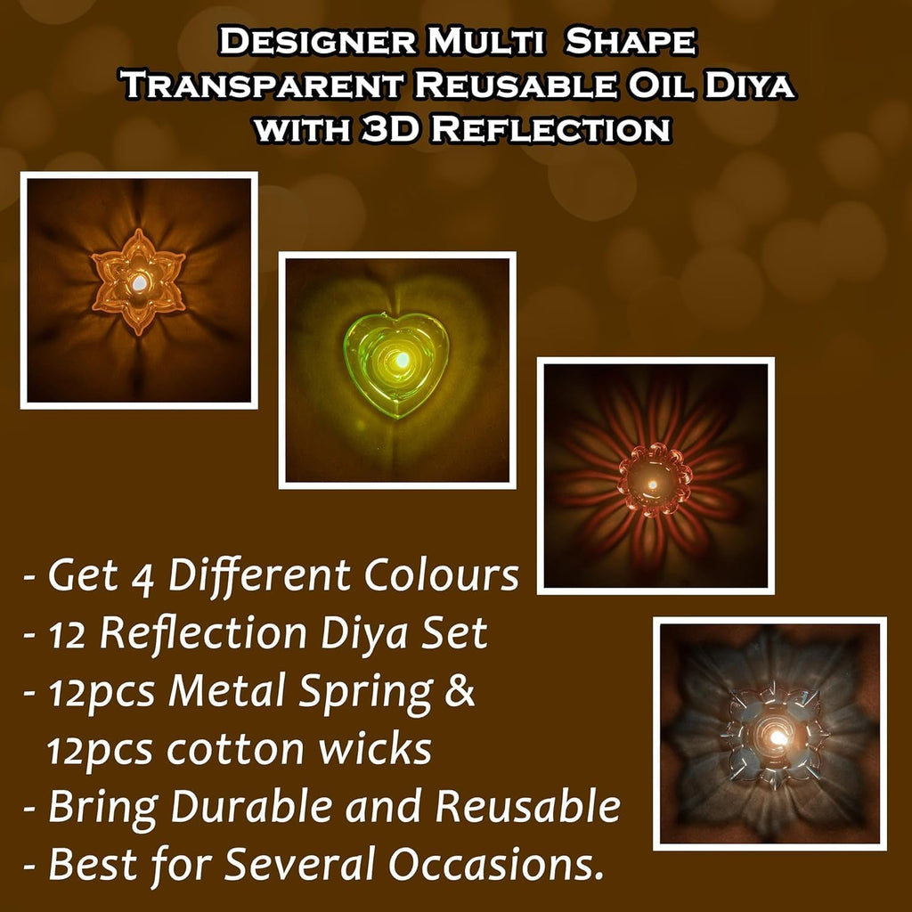 NORIDY 24 Pieces 3D Reflective Shadow Diyas for Diwali Decoration Item for Home Decor | Dipawali Diya | Transparent Oil and Water Diya Deepawali Decoration Diya bati Reflection TeaLight Diya Set