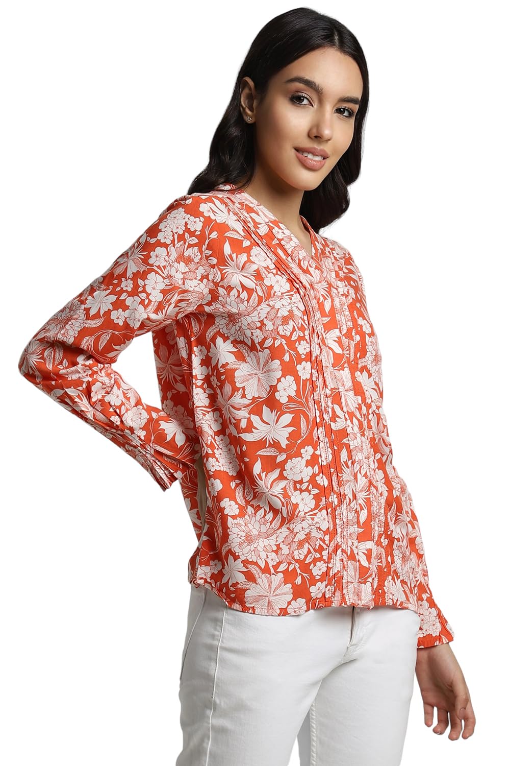Allen Solly Women's Orange Printed Full Sleeve Casual Shirt