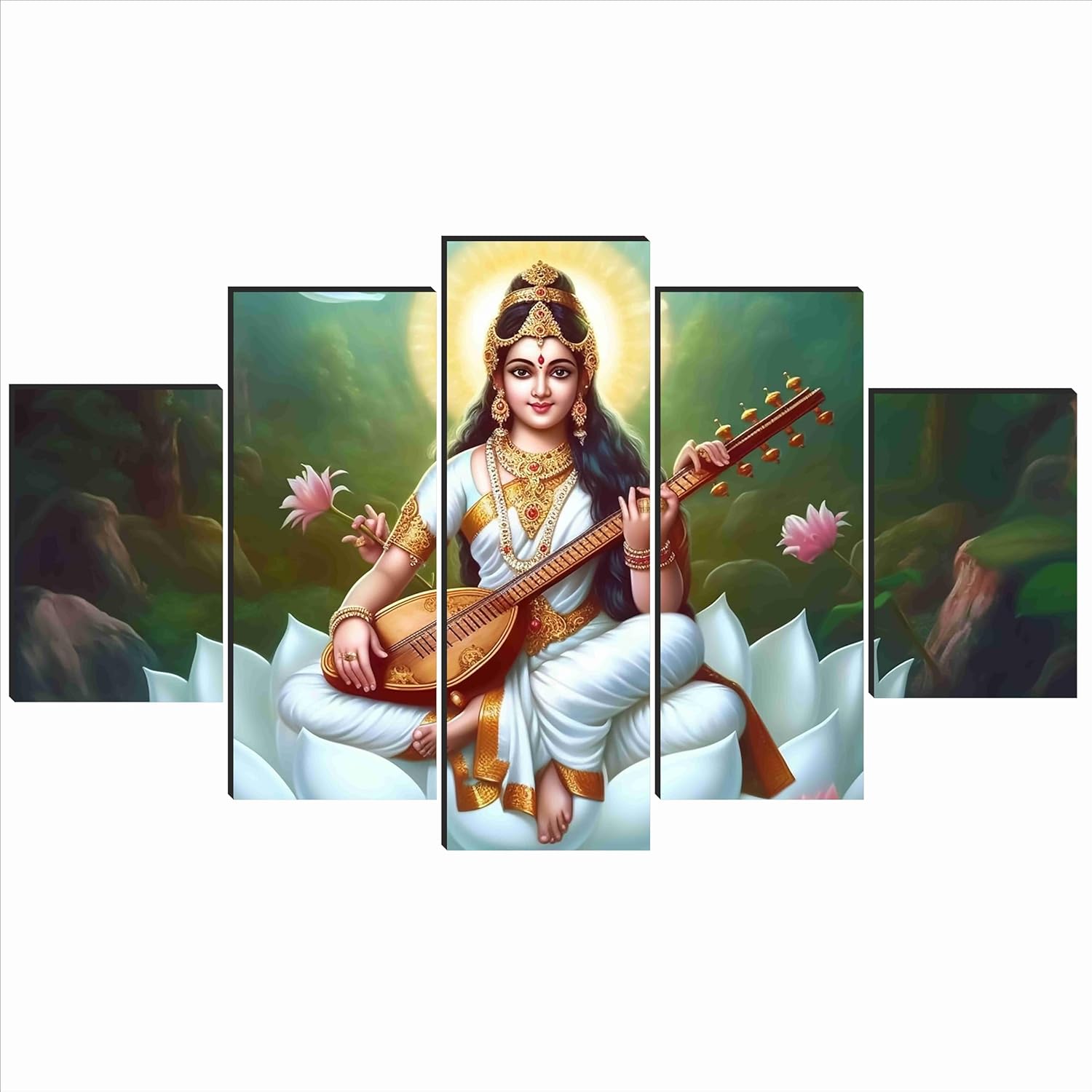 SAF Saraswati ma Paintings for Wall Decoration - Set Of Five, 3d modern art Painting for Living Room Large Size with Frames for Home Decoration, Hotel, Office 76.2 cm x 45 cm SANFPNLS35481