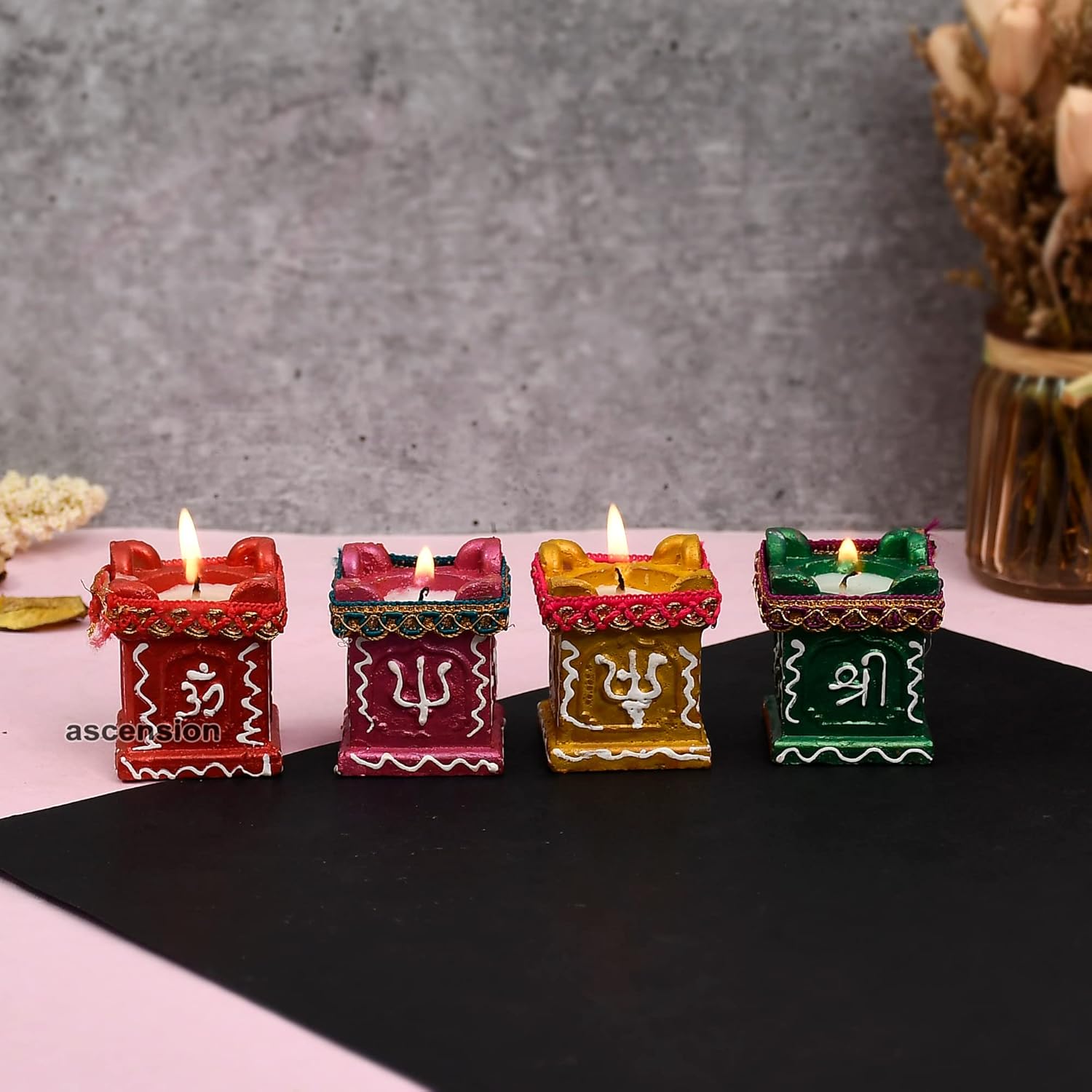 Ascension ® 4 Tulsi Mataka Candle Diya Deepak Special Reusable Diya Colourful Earthen Designer Diya Handmade Mitti Ke Deepak Diye Designer Terracotta Decorative Diwali Deepak