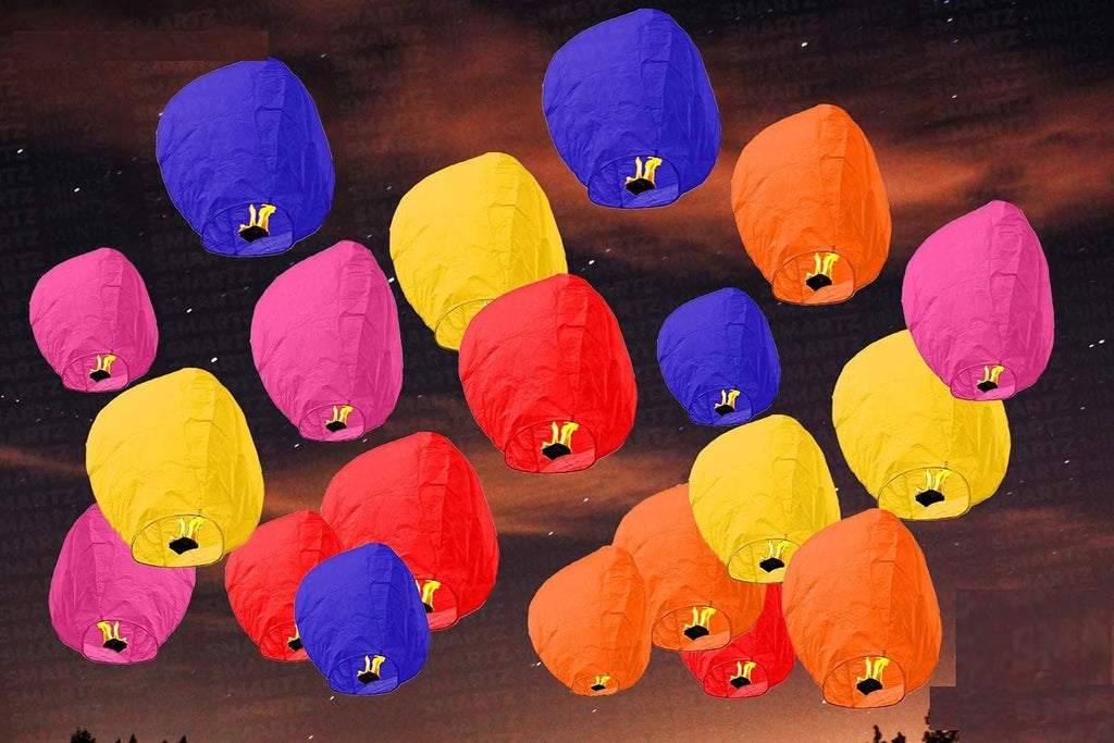 TOYXE Paper Flying Sky Lantern Hot Air Balloon with Fuel Wax Candle (Assorted Colour) - Pack of 12 Pcs