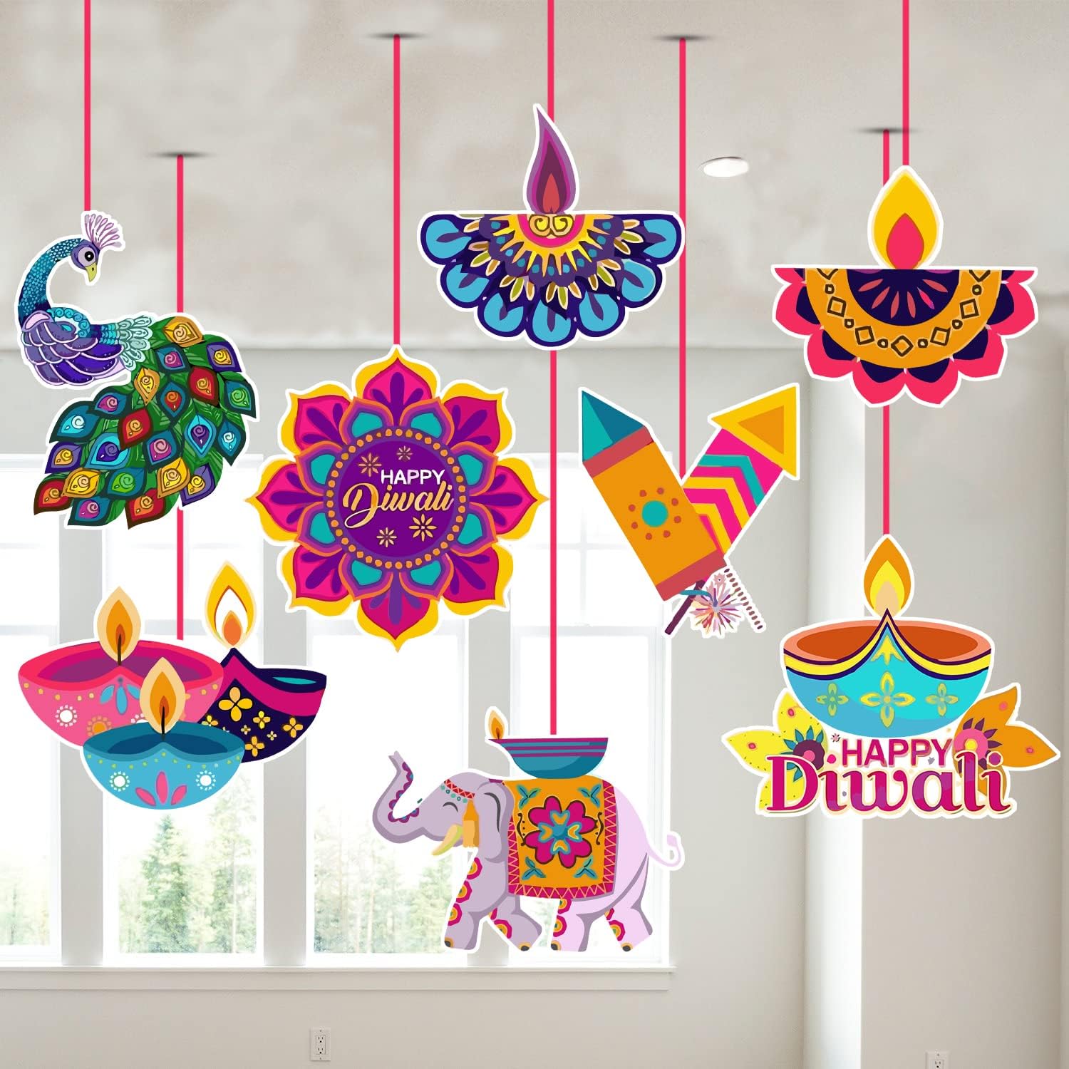 Atpata Funky Happy Diwali Banner & 8pcs Hanging Danglers Combo | Multicolour Paper Cutouts for Diwali Decoration | Reusable DIY Festive Decor Set with Diya, Lantern & Traditional Designs