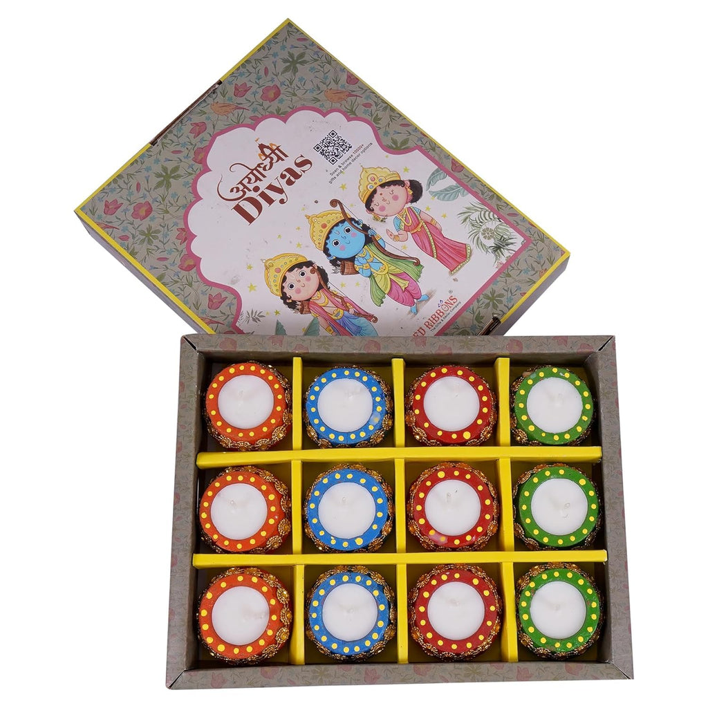 TIED RIBBONS Set of 12 Handmade Clay Wax Filled Diyas Earthen Diya (Multi, 5.3 cm x 2.5 cm) for Diwali Decoration Home Puja Pooja Room Office Mandir Temple Table - Diwali Décor