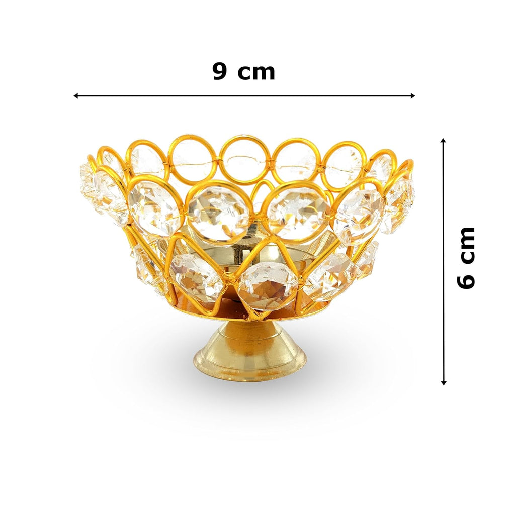 BENGALEN Crystal Diya with Blue Velvet Gift Box Home Decoration Chrystal Piyali Dia Pooja Items Puja Gifts Handmade Oil Lamp Traditional Indian Dhanteras Deepawali Diwali Gift Items