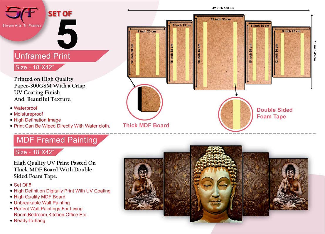 SAF Set of 5 Buddha UV Textured Home Decorative Gift Item MDF Panel Painting 18 Inch X 42 Inch SANFPNL31195
