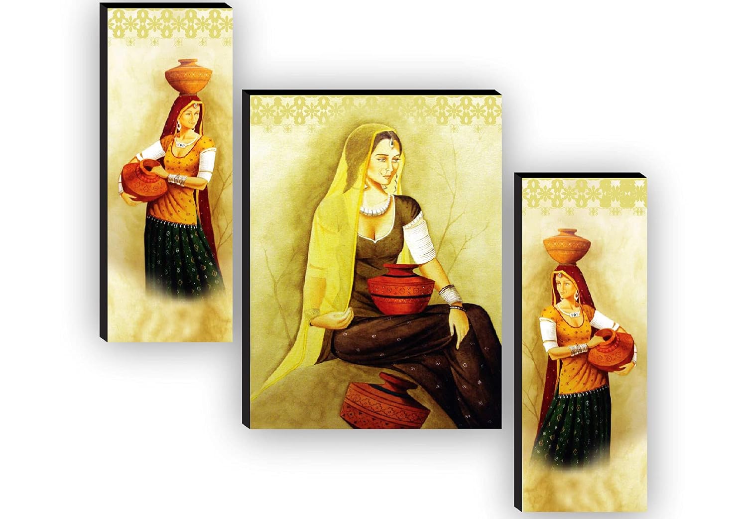 SAF paintings Set of 3 Traditional Rajasthani Ladies Paintings for living room with frame Self Adeshive UV Textured MDF Framed Painting 12 Inch X 18 Inch SAF-JM7725