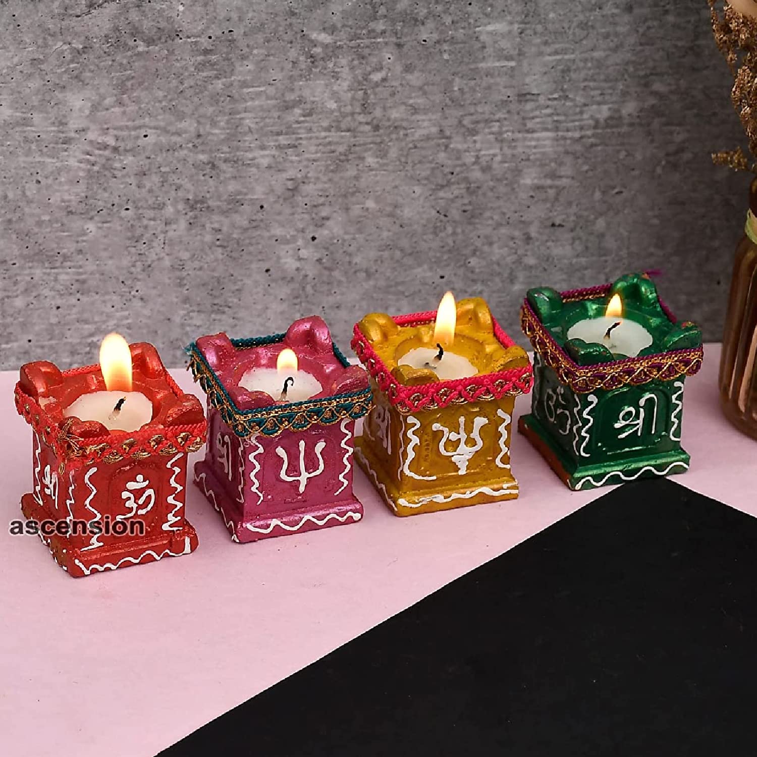 Ascension ® 4 Tulsi Mataka Candle Diya Deepak Special Reusable Diya Colourful Earthen Designer Diya Handmade Mitti Ke Deepak Diye Designer Terracotta Decorative Diwali Deepak