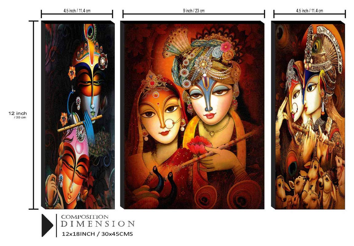 SAF paintings Set of 3 Radha Krishna UV Textured Home Decor Self Adhesive Painting 18 Inch X 12 Inch (Multicolor)