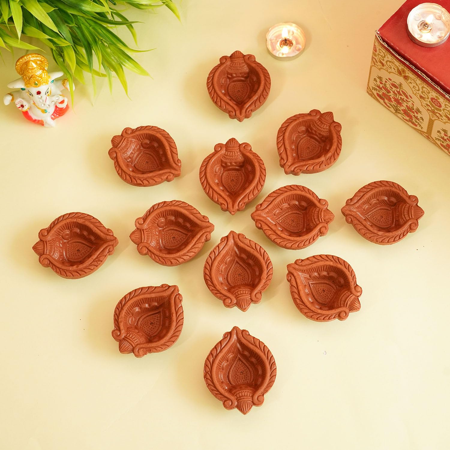 TIED RIBBONS Pack of 12 Clay Diwali Diya Set - Teracotta Diwali Diya Set Earthen Oil Ghee Diyas for Diwali - Diwali Decoration Items for Home Decor (Set of 12)