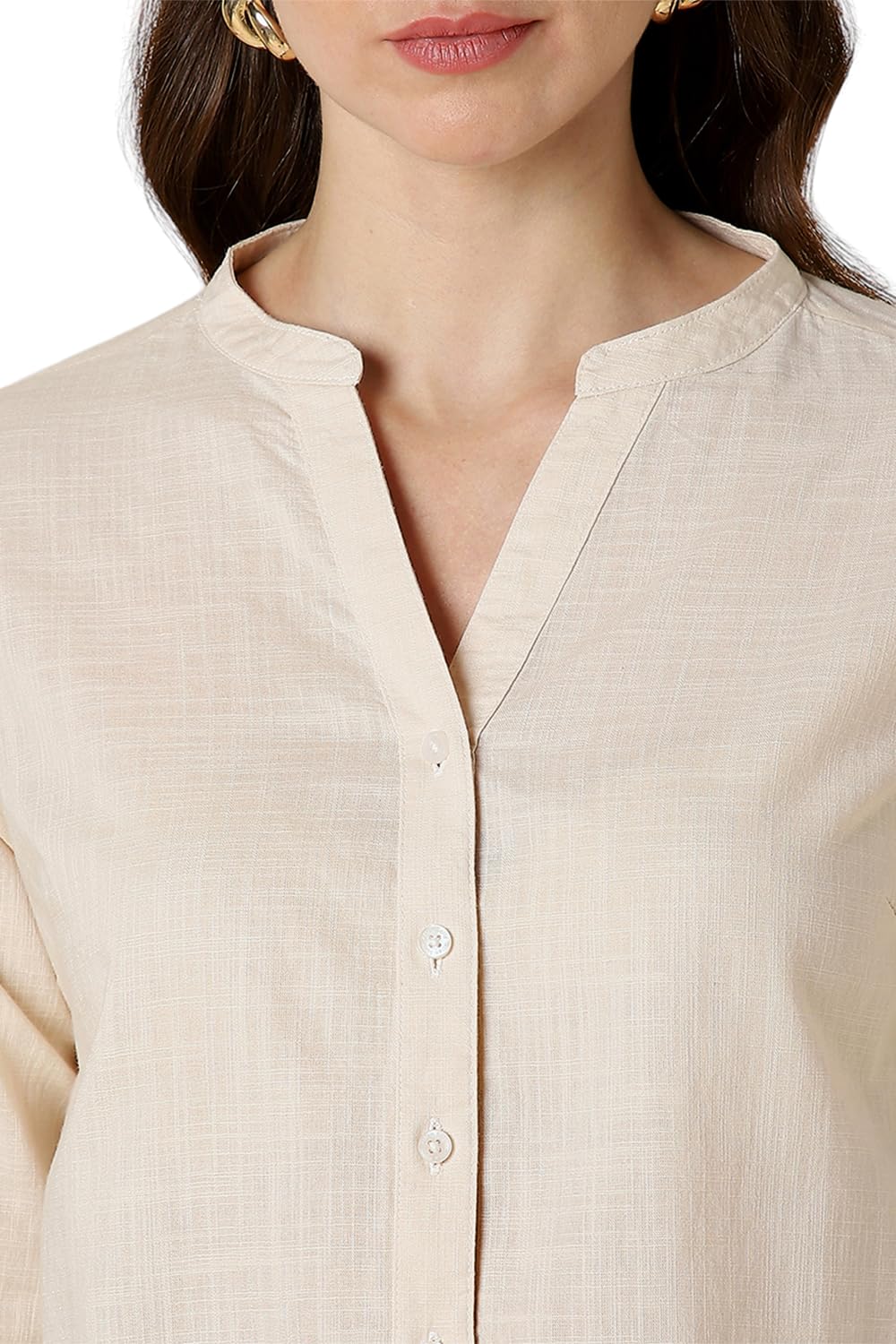 Allen Solly Women's Cotton Beige Plain Full Sleeve Casual Shirt