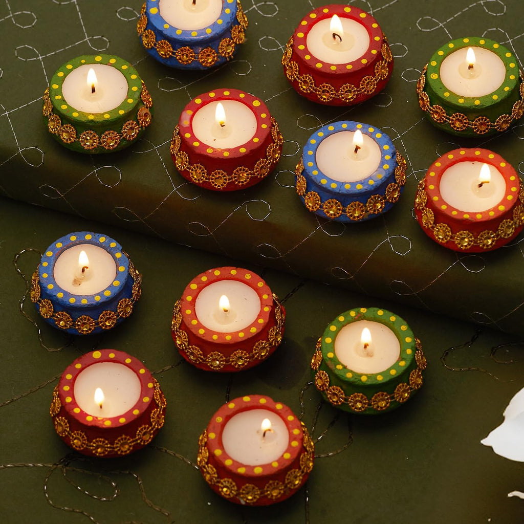 TIED RIBBONS Set of 12 Handmade Clay Wax Filled Diyas Earthen Diya (Multi, 5.3 cm x 2.5 cm) for Diwali Decoration Home Puja Pooja Room Office Mandir Temple Table - Diwali Décor