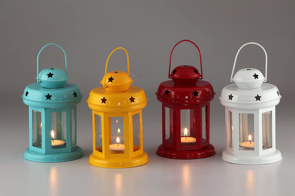MINI JINI Iron Decorative Malta Lantern , Multi Color,Set of 4(Blue,Red,Yellow,White)