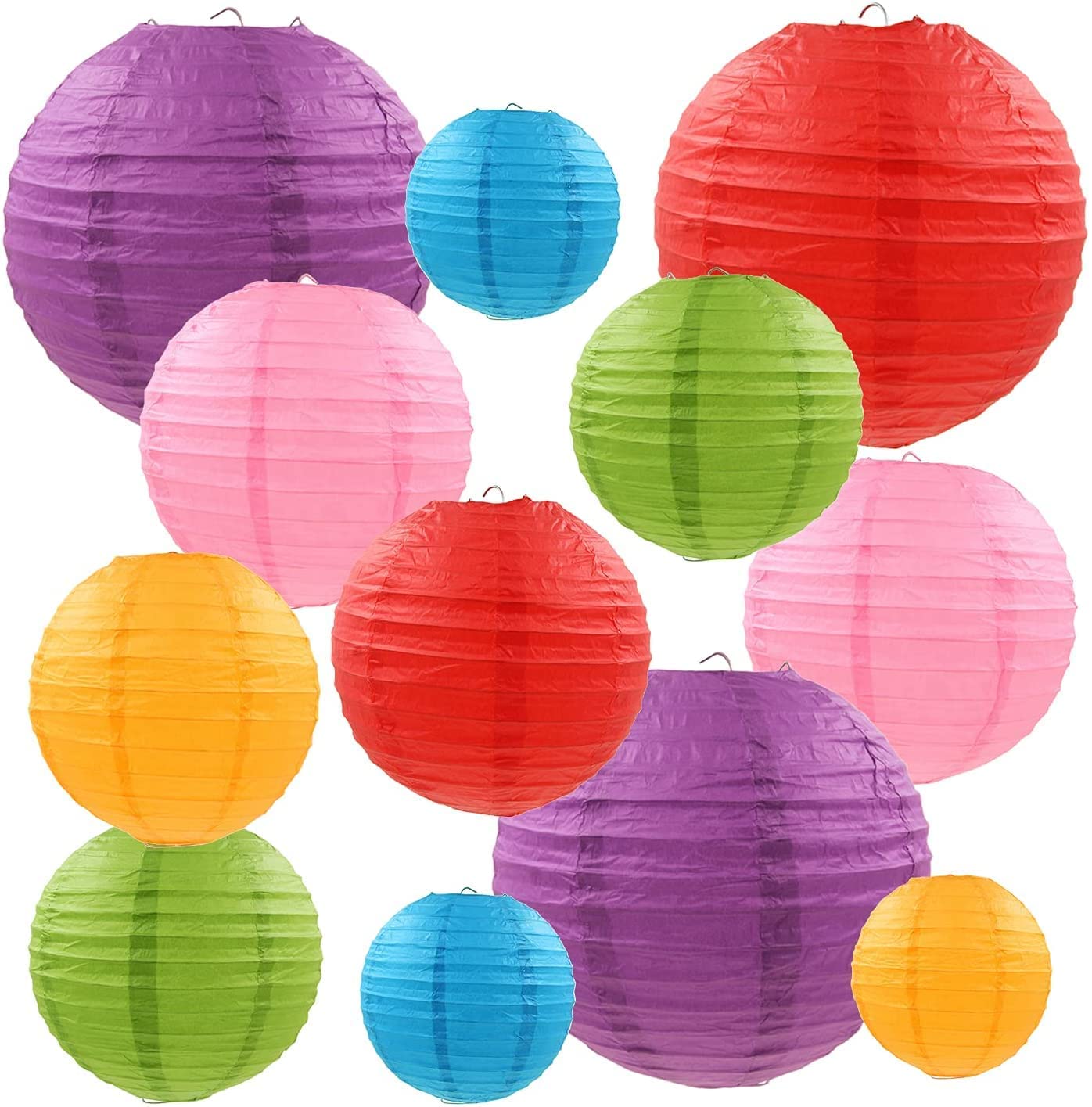 SHUANGYOU Round Hanging Ball Paper Hanging Lantern Paper Lamp for Decoration at Diwali Party Birthday Chrismas New Year Multicolor, Multicolor Paper Hanging Lantern Pack of 10 (24 cm X 24 cm)