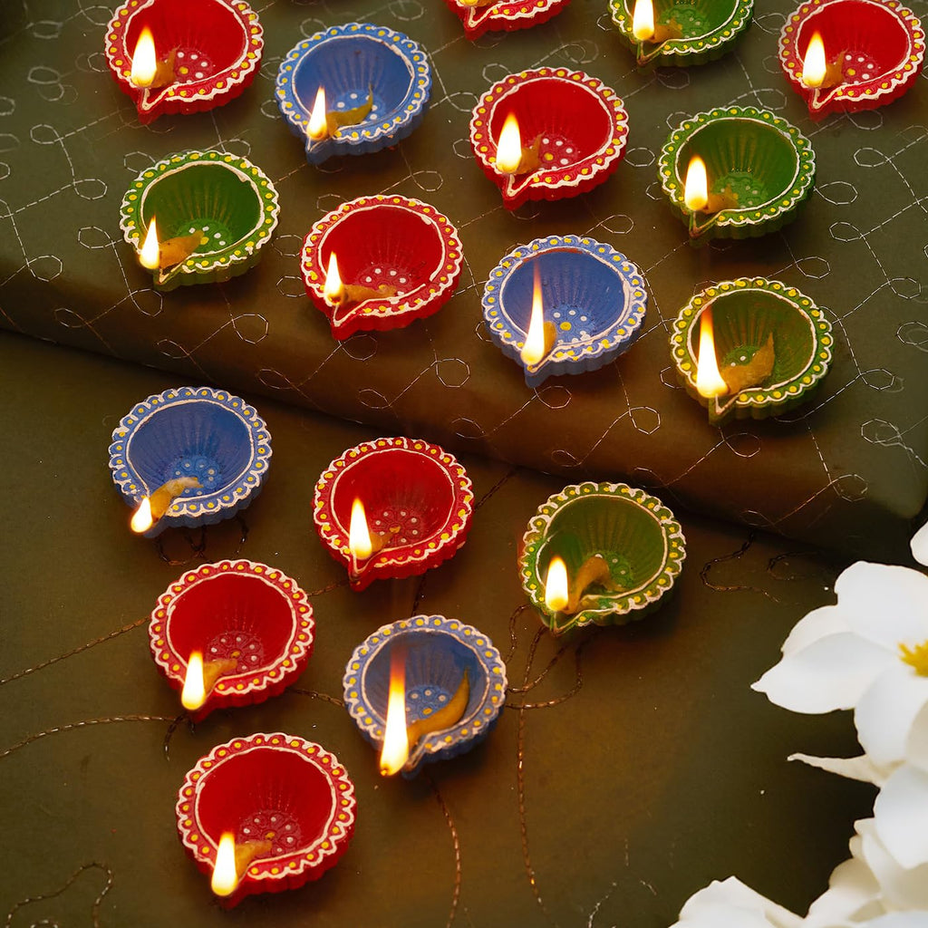 TIED RIBBONS Pack of 18 Large Handmade Clay Diwali Diyas Earthen Oil Lamp Diwali Diya (Multi, 6 cm x 2 cm) for Diwali Decoration Home Puja Office Pooja Room Mandir Temple Table Dipawali Decor Items