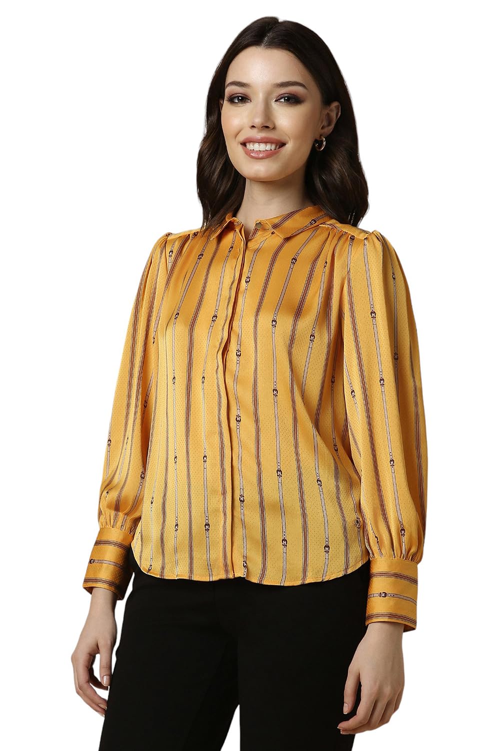 Allen Solly Women's Yellow Striped Long Sleeve Casual Shirt