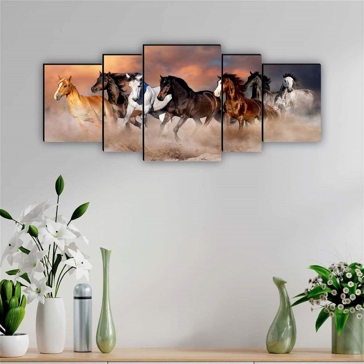 SAF SANFPNL31210 Seven Running Horses UV Textured with MDF Panel Painting (Set of 5, 18" x 42", Multicolor)