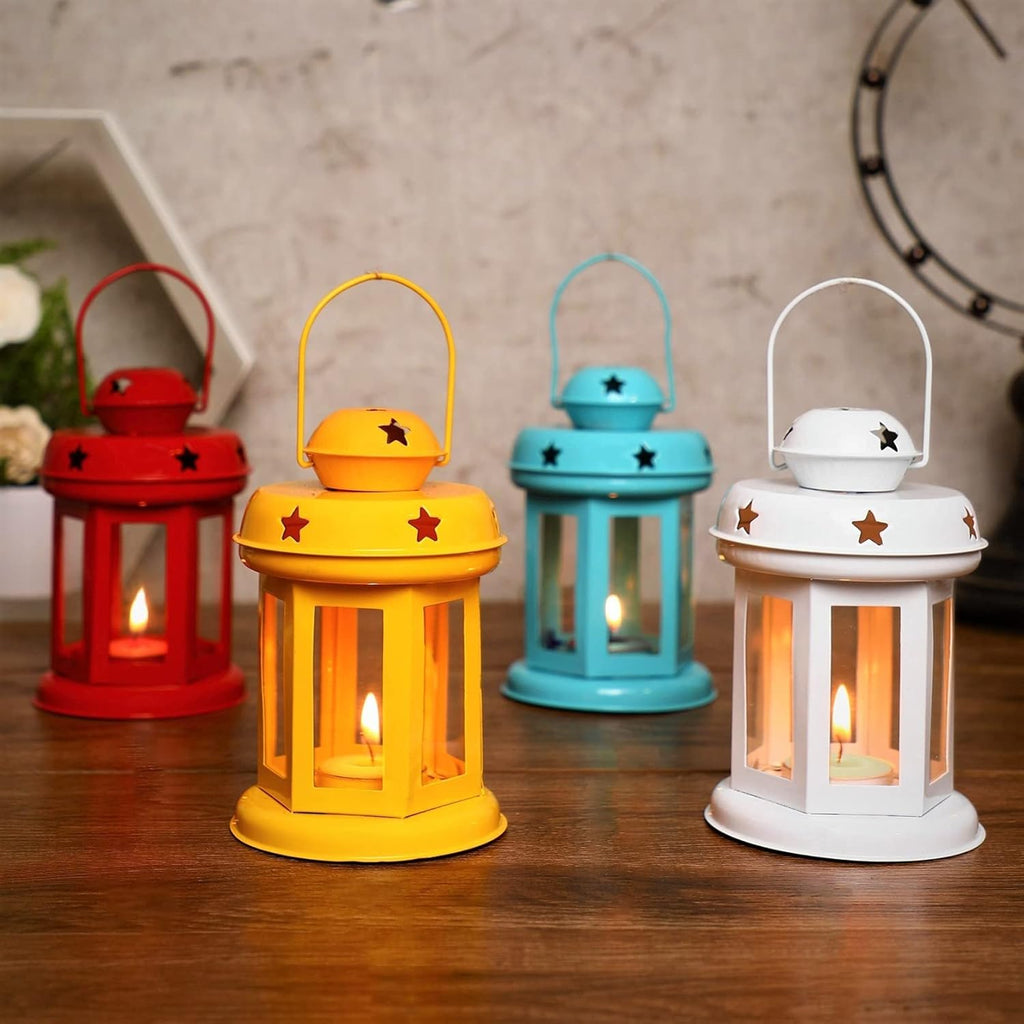 MINI JINI Iron Decorative Malta Lantern , Multi Color,Set of 4(Blue,Red,Yellow,White)