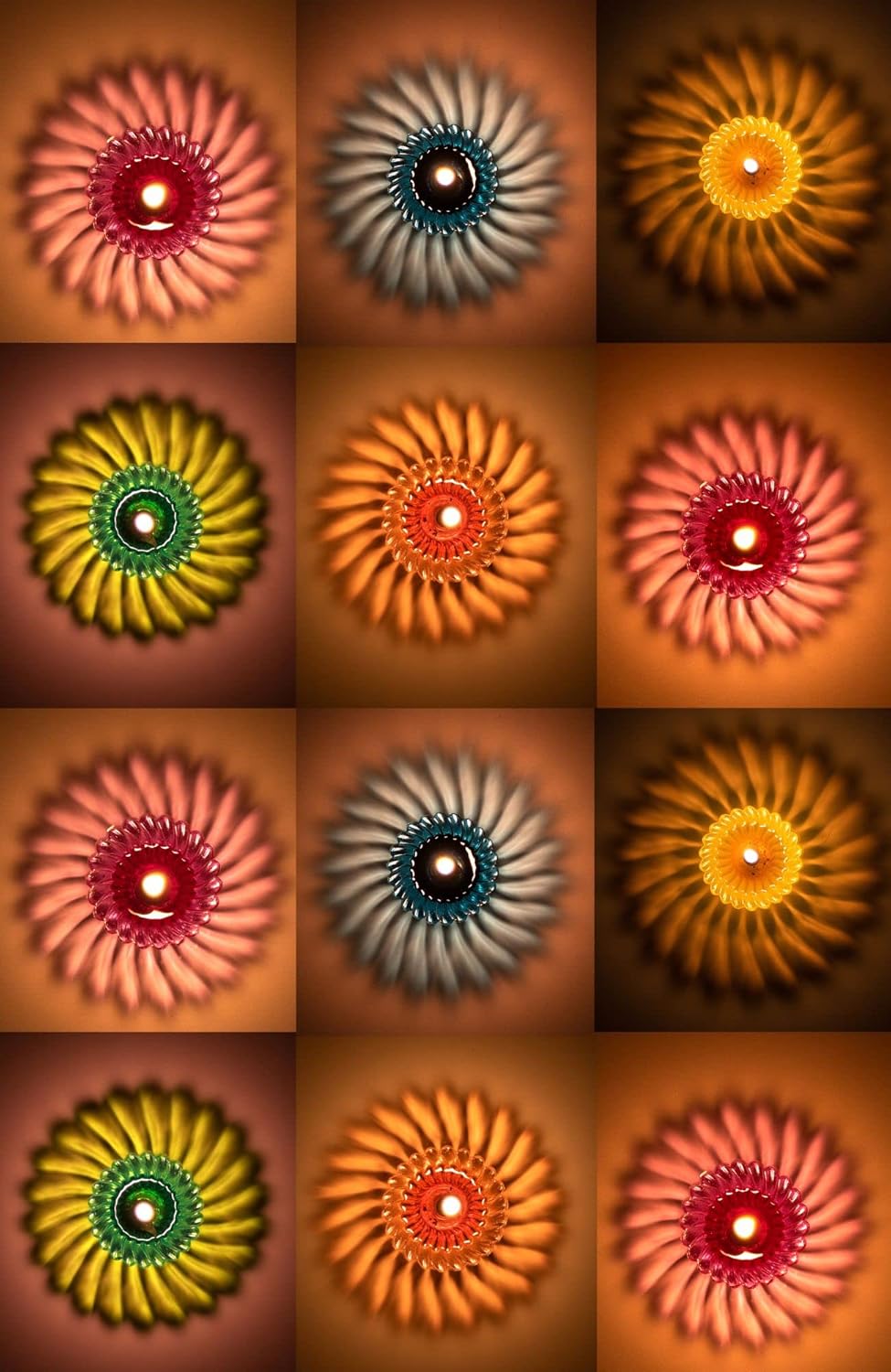 Indian Karigar 12pcs Diwali Diyas Colourful 3d Reflection Diya For Diwali Decor Sun Shape Shadow Reflective Diyas For Diwali Decoration Items For Home Decor Reusable Navratri Diwali Lights Multicolour