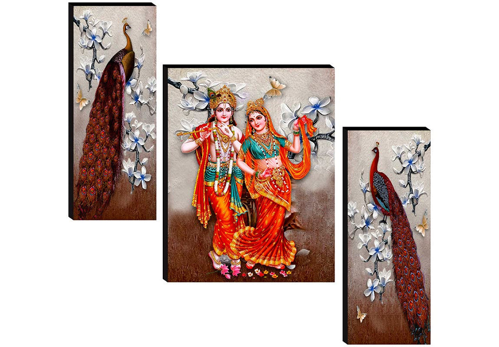 SAF paintings Radha Krishna with Couple Peacock Self Adhesive UV Textured Painting (18 Inch X 12 Inch, SANFJM31075, Multicolor, Set of 3)