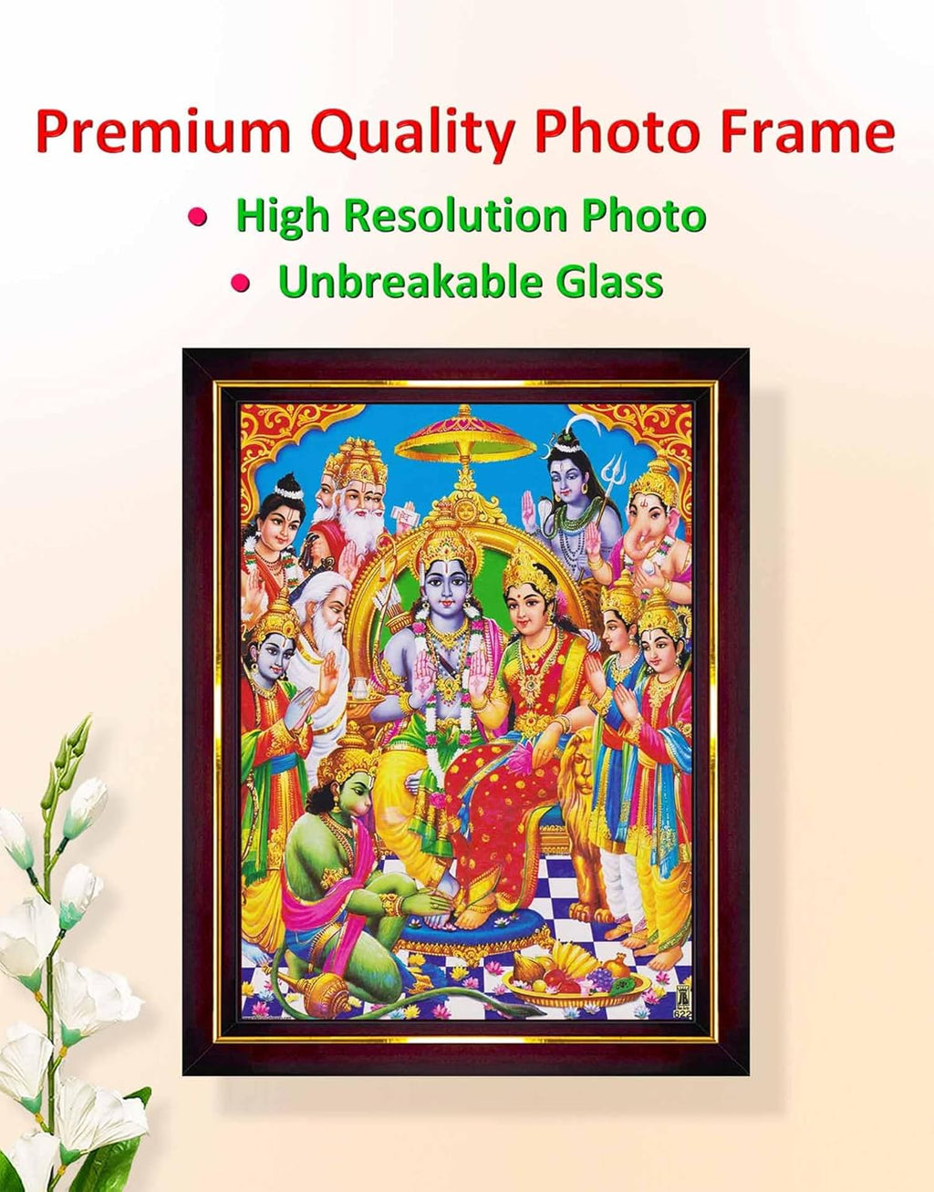 Pavan Photo Laminations Ram Darbar Lord Shri Rama Sita Parivar Family Wall Painting Framed Home Decor (Wood,Matte,Brown,Small Size,6 x 8 Inch) B745S