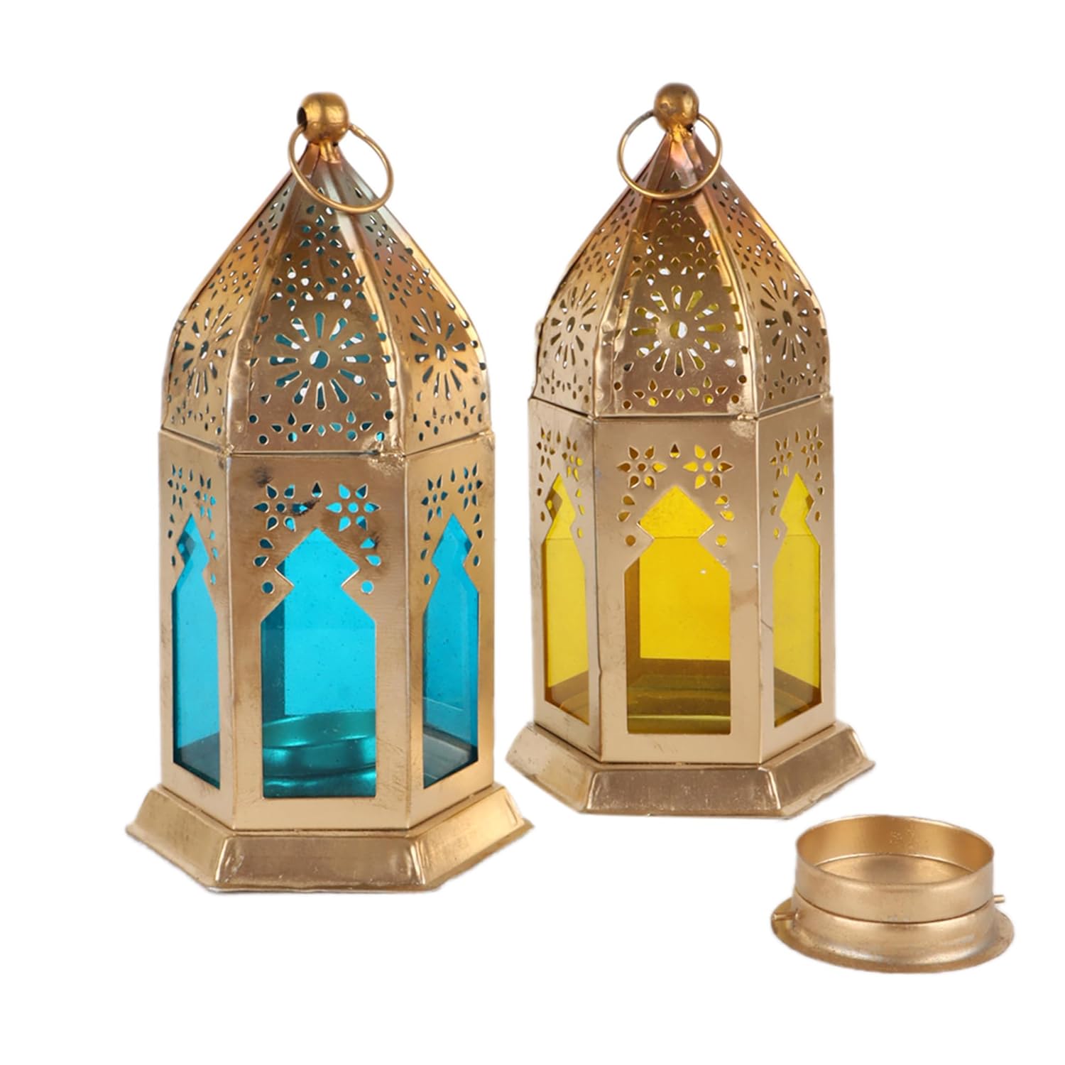 Dewali Small Moroccan Lantern/Lamp Set, Antique Decorative Hanging Lantern for Diwali, Set of 2, (1Yellow & 1 Blue)