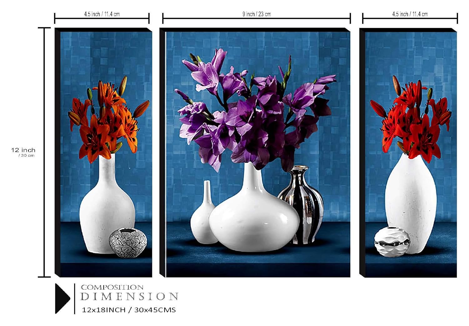 SAF paintings Set of 3 Flower Pot UV Textured Paintings for living room with frame Painting 12 Inch X 18 Inch SAF-JM7479