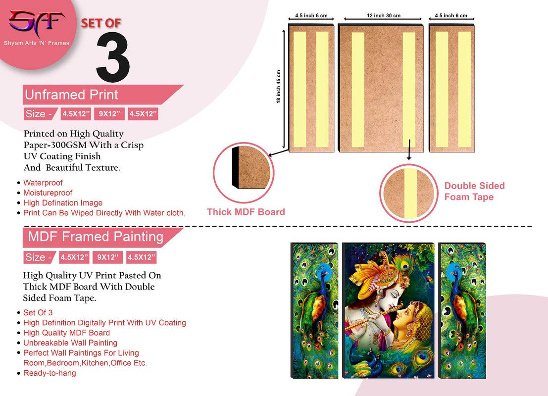SAF Set of 3 Religious Radhe Krishna with Couple Peacock UV Textured Home Decorative Gift Item Self Adeshive Painting 18 Inch X 12 Inch SANFJM01, Multicolour