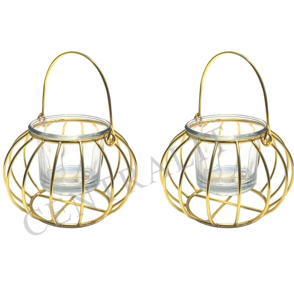 CentraLit Home Decor Items -Hanging Lantern With Glass Tea Light Candle - Diwali Diya Decor Puja Items - Return Gift For House Warming Ceremony- Varalakshmi Pooja Room Decor Pack Of 2 (Gold)