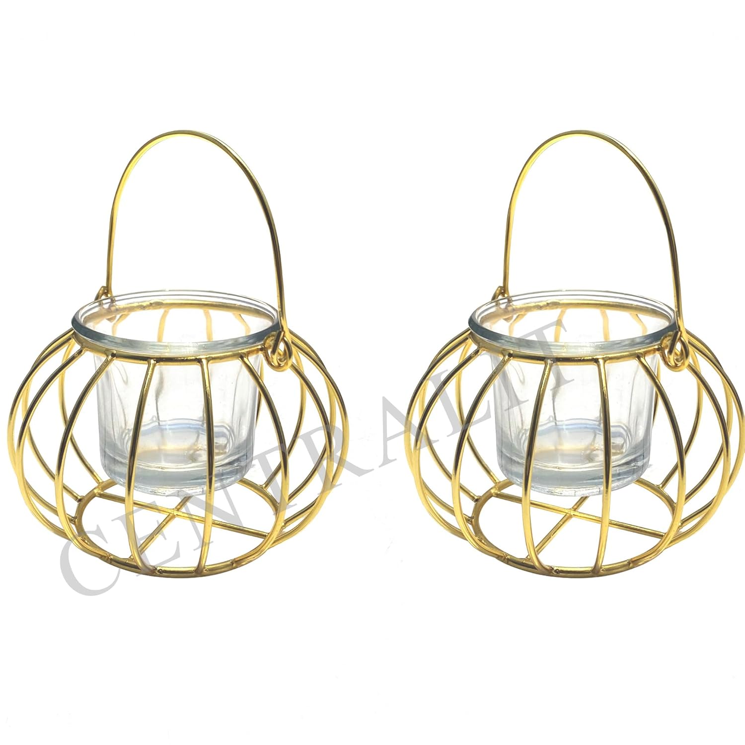 CentraLit Home Decor Items -Hanging Lantern With Glass Tea Light Candle - Diwali Diya Decor Puja Items - Return Gift For House Warming Ceremony- Varalakshmi Pooja Room Decor Pack Of 2 (Gold)