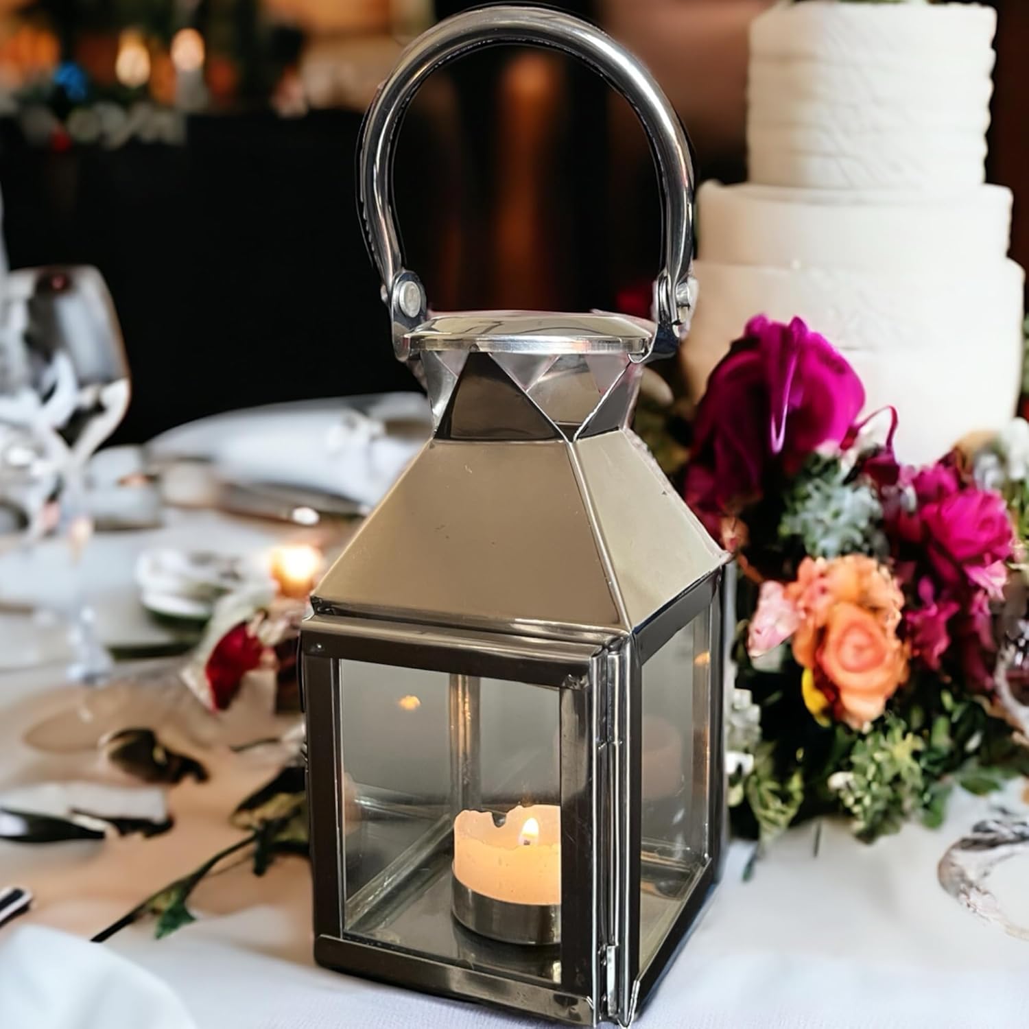 NK HOME DECORS Stainless Steel Silver Tea Light Candle Holder Lantern for Home Decor Wedding Centerpiece Dinning Table and Diwali Decortaions