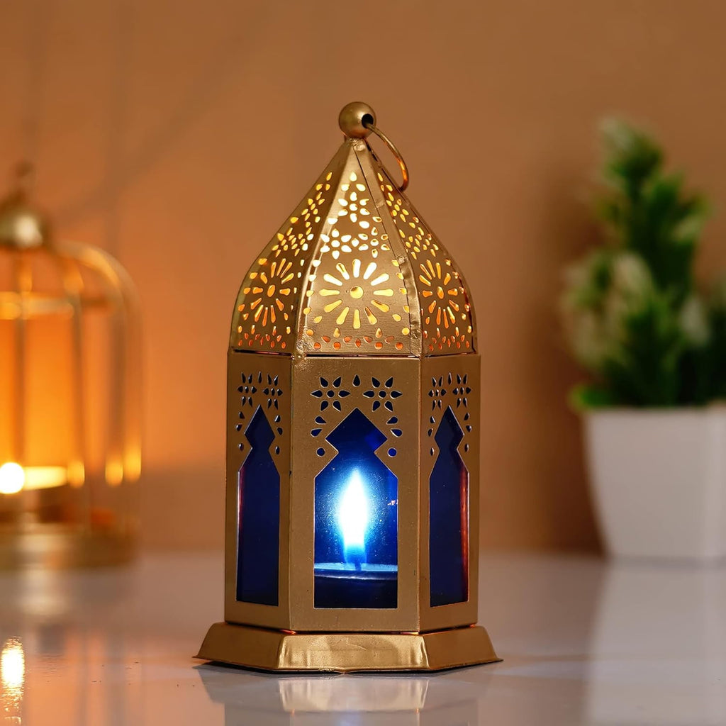 Webelkart Premium Moroccan Gold, Blue Color Metal Iron Lantern Tea Light Holder with Free Tealight Candle Holder for Home | Tealight Candle Holders for Diwali Decoration