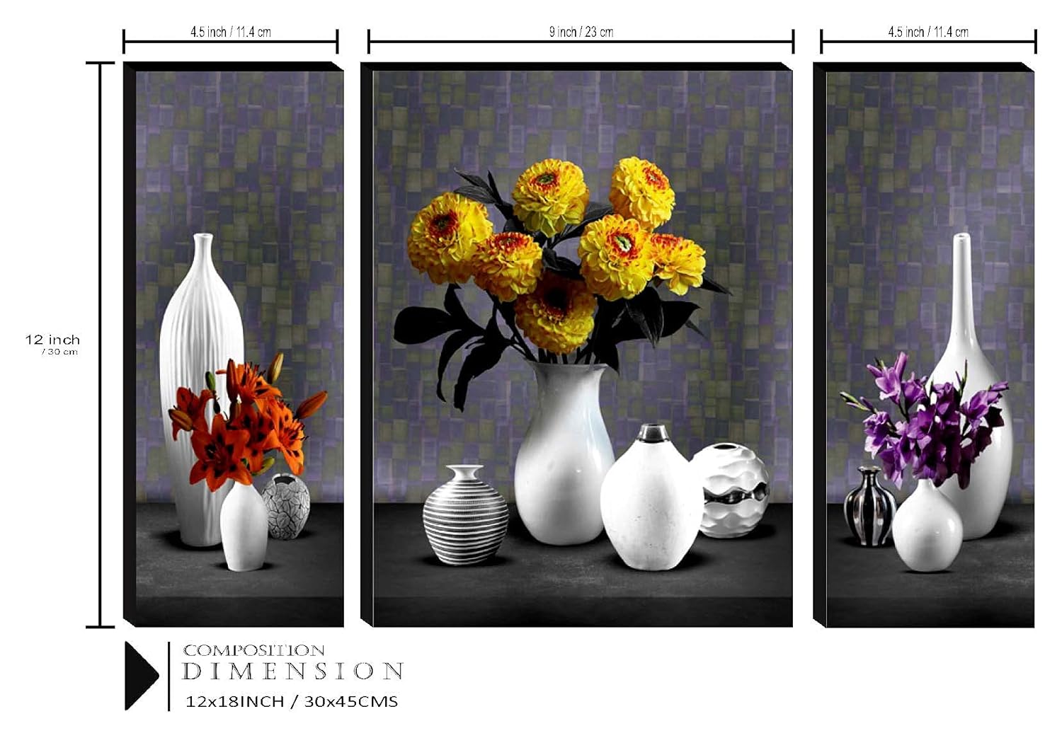 SAF paintings Set of 3 Flower Pot UV Textured Self adeshive Home Decorative Painting 18 Inch X 12 Inch SAF-JM7478