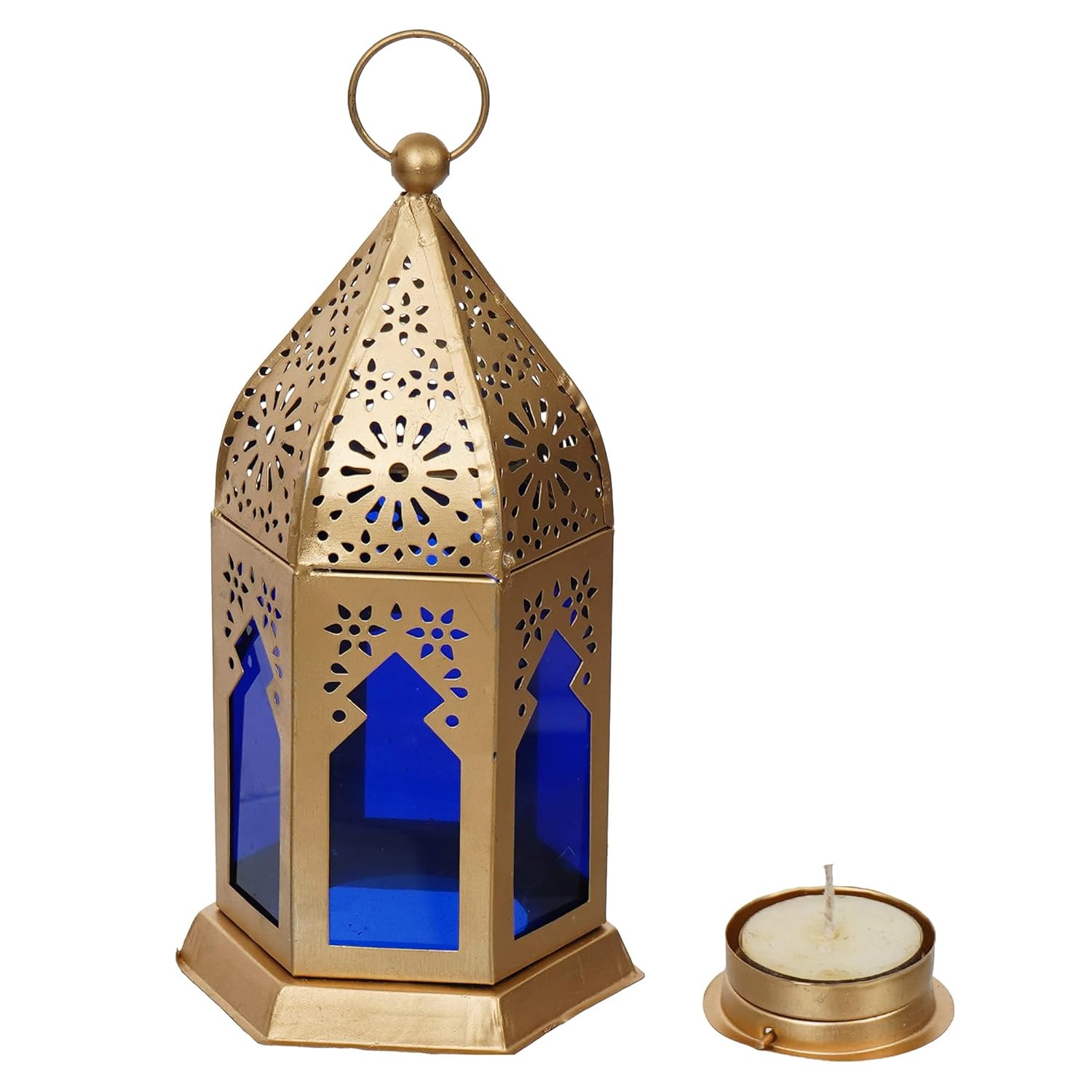 Webelkart Premium Moroccan Gold, Blue Color Metal Iron Lantern Tea Light Holder with Free Tealight Candle Holder for Home | Tealight Candle Holders for Diwali Decoration