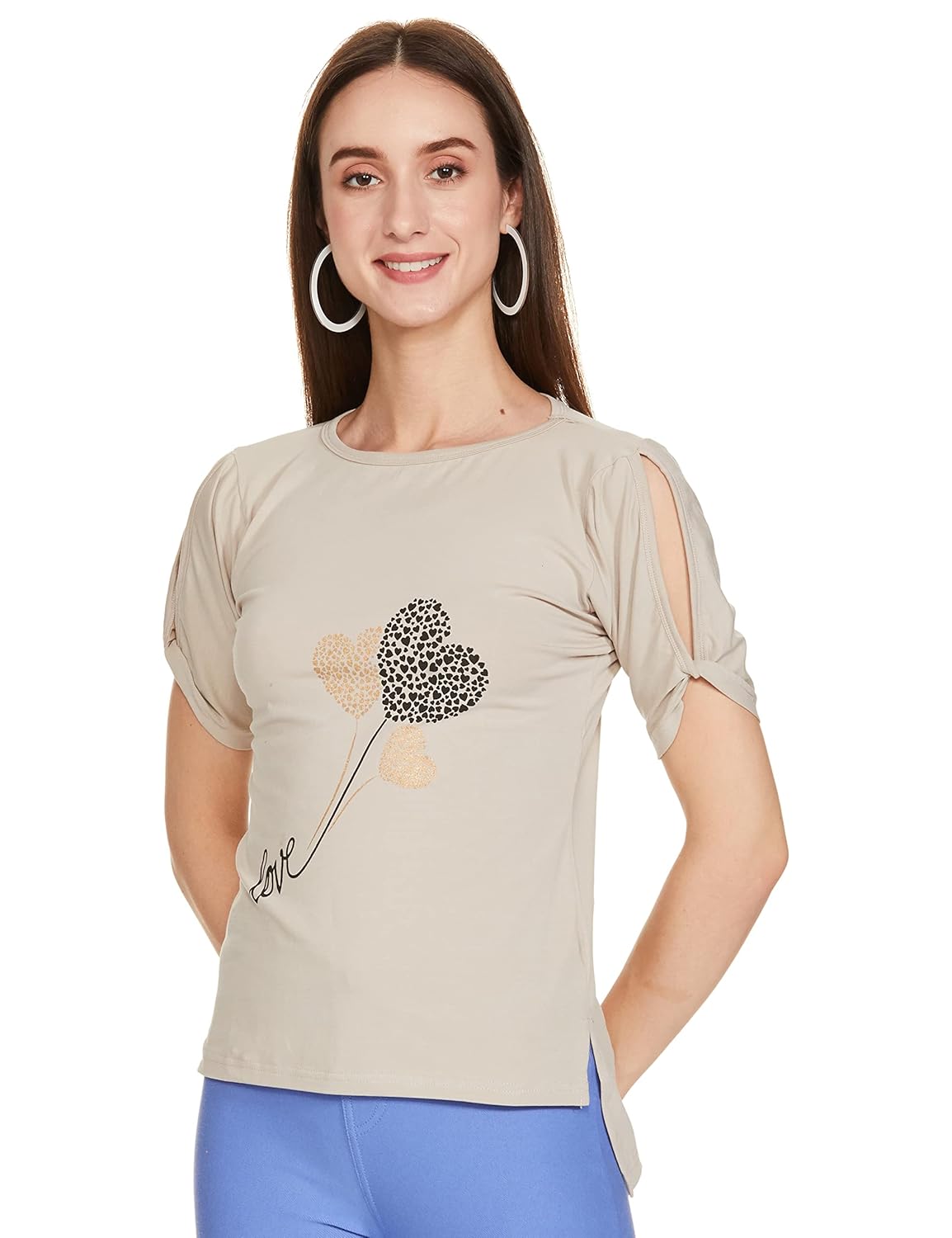 GRECIILOOKS Women's Regular Fit Printed Top T-Shirt (1_Beige S), Small