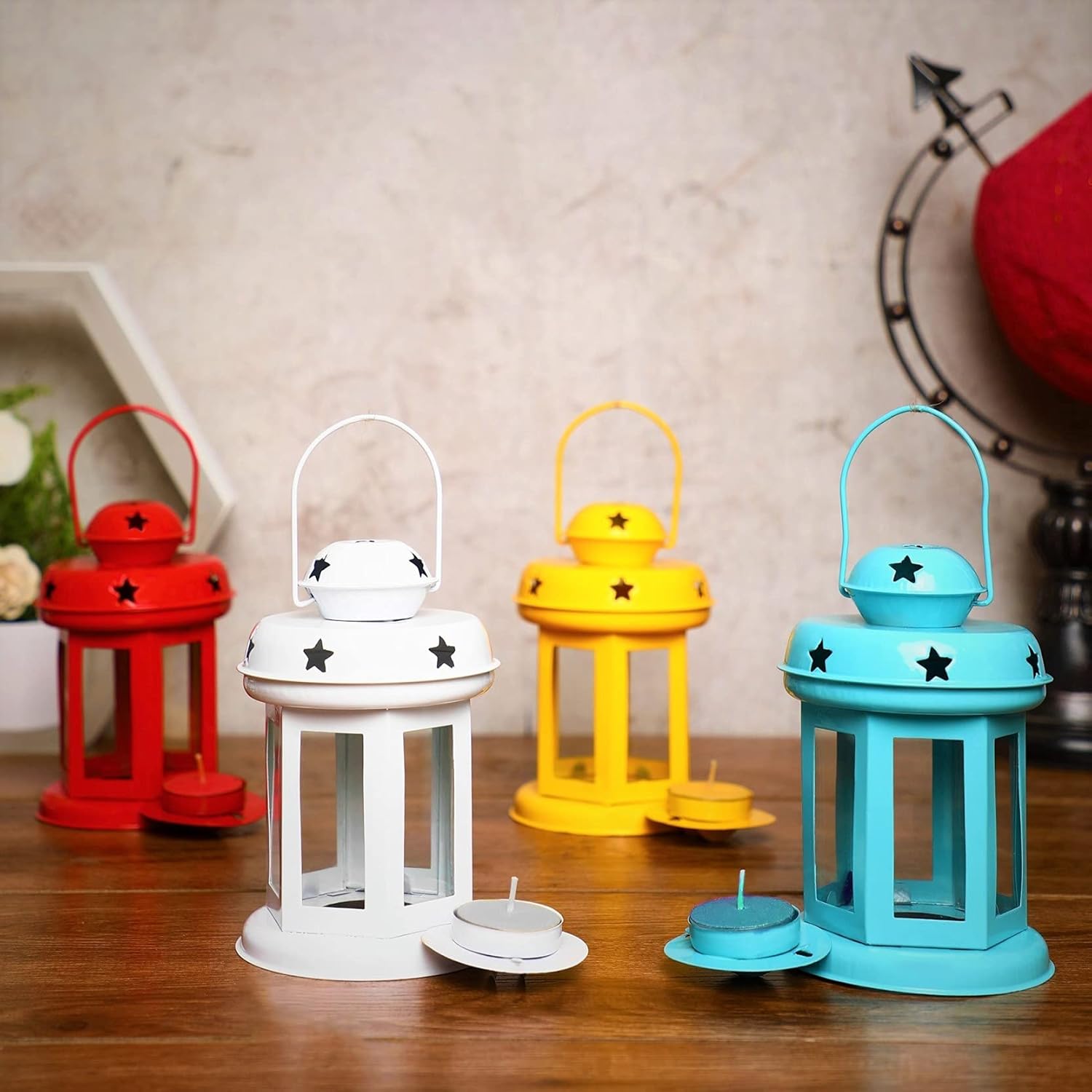 MINI JINI Iron Decorative Malta Lantern , Multi Color,Set of 4(Blue,Red,Yellow,White)