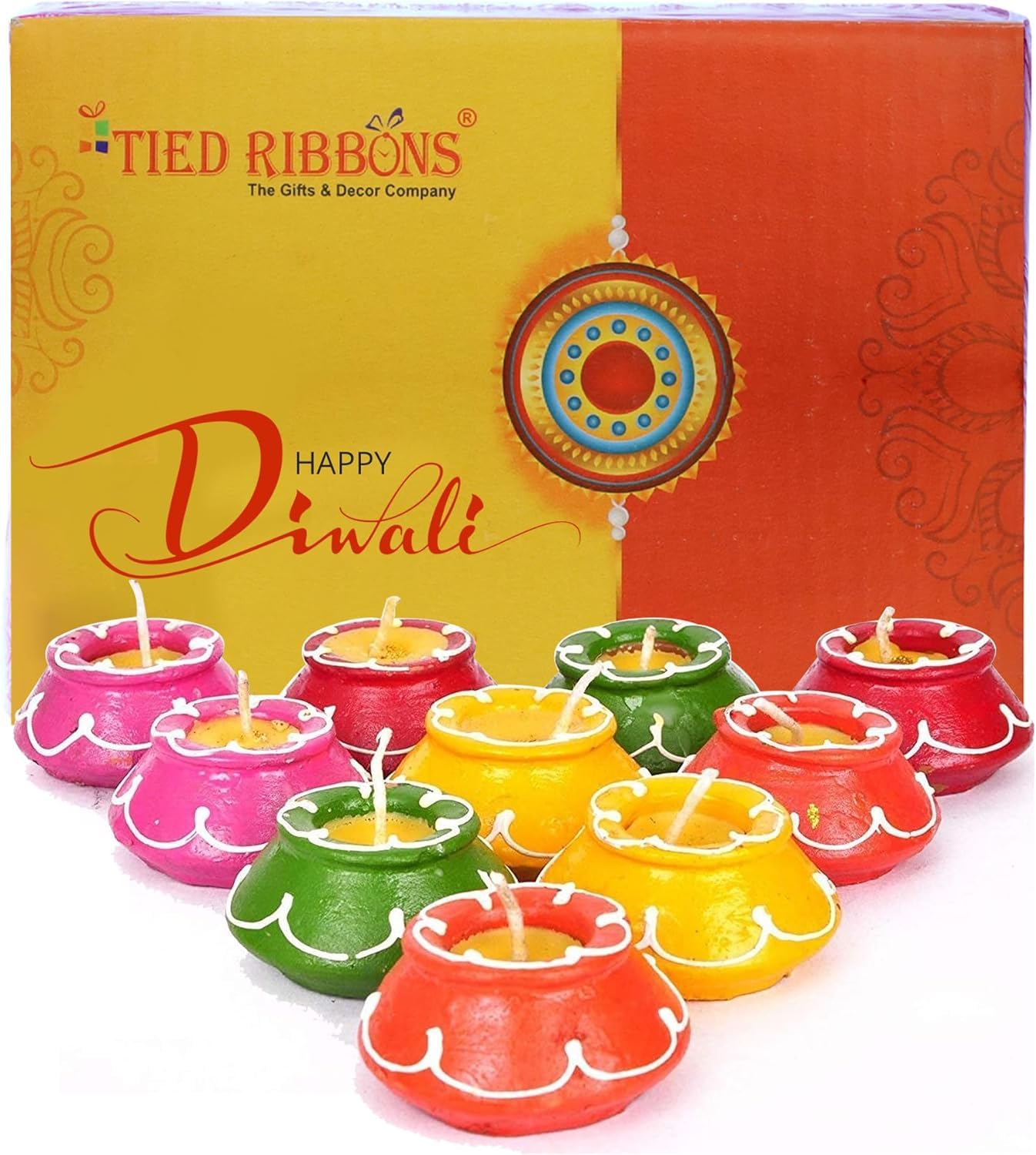 TIED RIBBONS Pack of 10 Clay Diya Set - Matki Shape Teracotta Diya Set Waxed Filled Mitti Diya Earthen Diyas Combo Pack - Diwali Decor Diyas for Diwali (Set of 10, Multicolor)