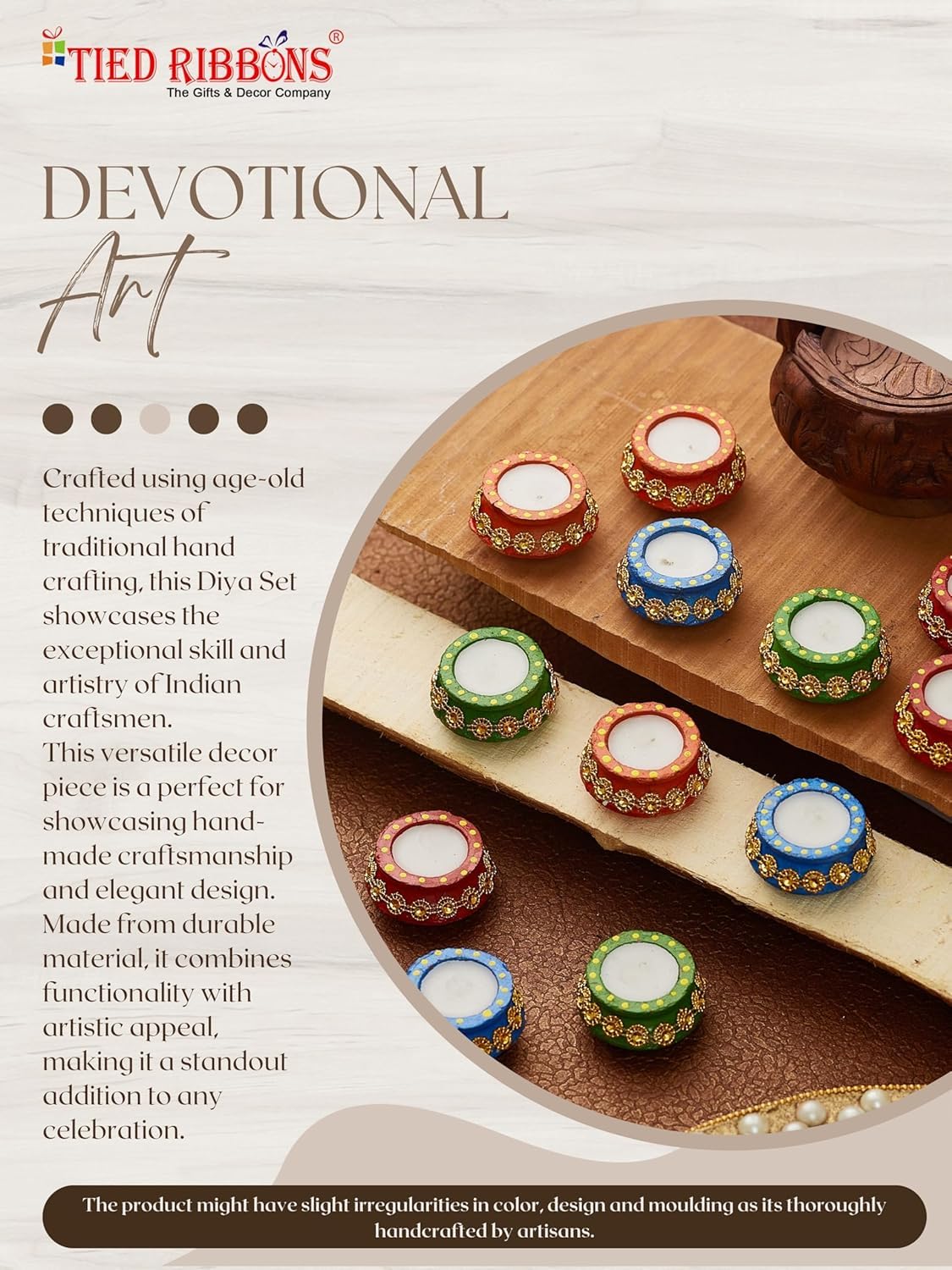 TIED RIBBONS Set of 12 Handmade Clay Wax Filled Diyas Earthen Diya (Multi, 5.3 cm x 2.5 cm) for Diwali Decoration Home Puja Pooja Room Office Mandir Temple Table - Diwali Décor