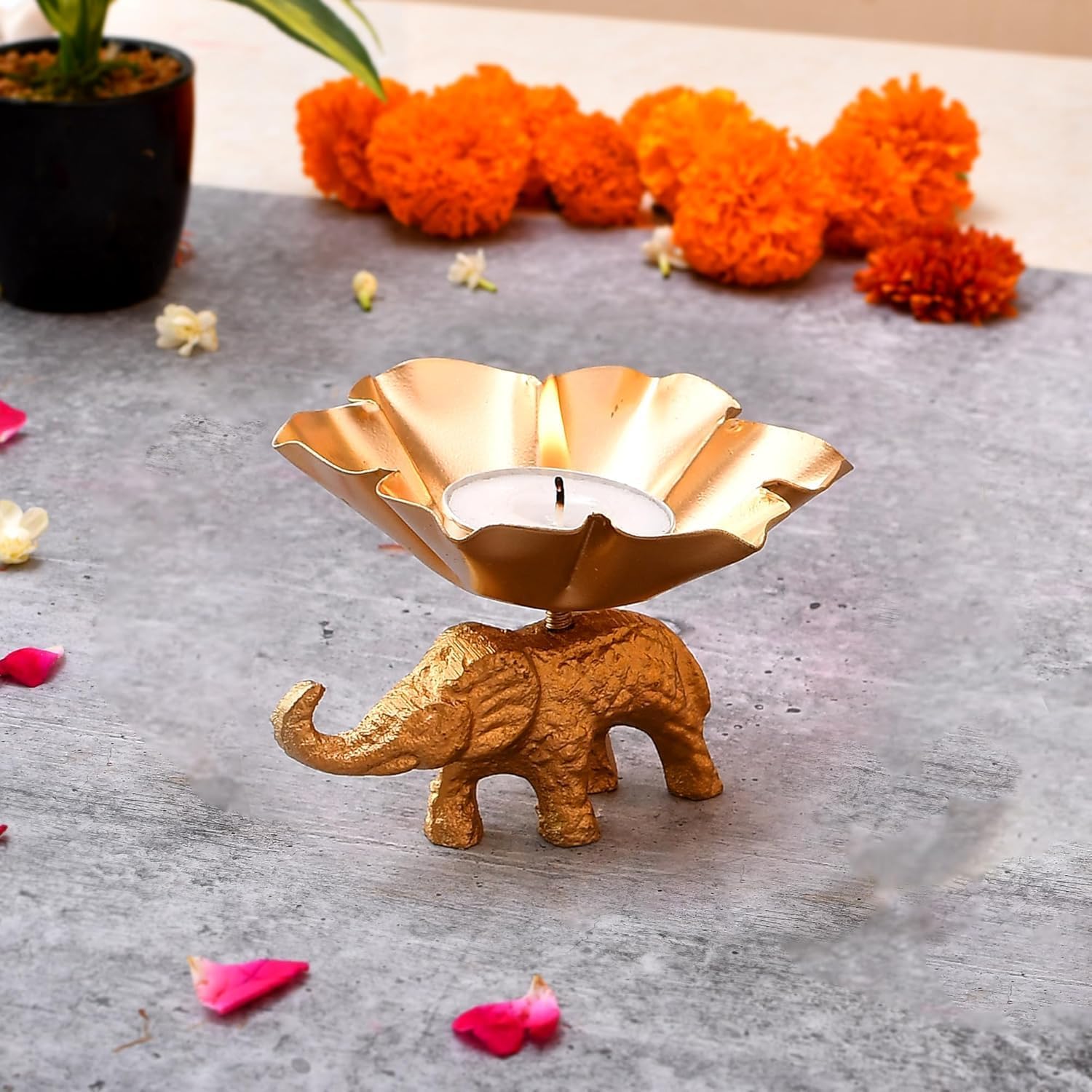 CraftVatika Elegant Elephant Metal Tea Light Candle Holder Diwali Decoration Item for Home Decor Gift - Modern Design, Wedding Decoration - Handcrafted Tabletop Decorative