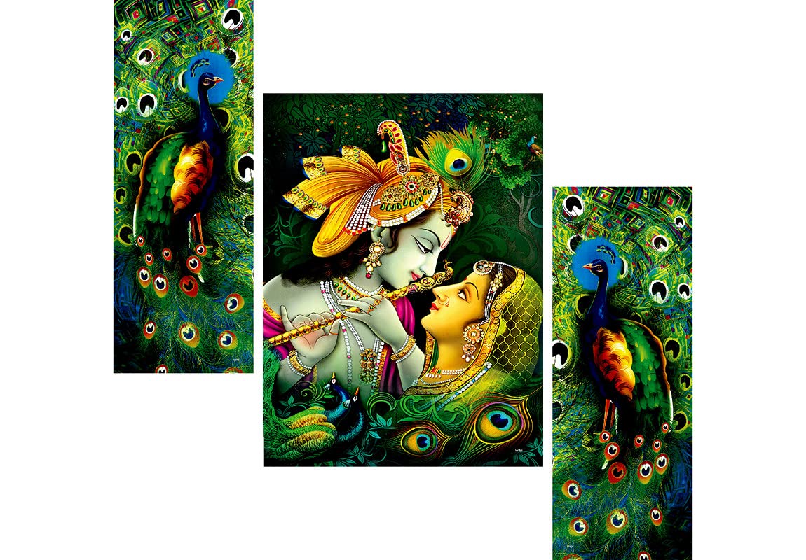 SAF paintings Beautiful Combo - Set of 3 Lord Radha Krishna Flute Love & Peacock Greenery Beautiful & Set Of 3 Couple Beautiful Painting (12 X 18 Inch)