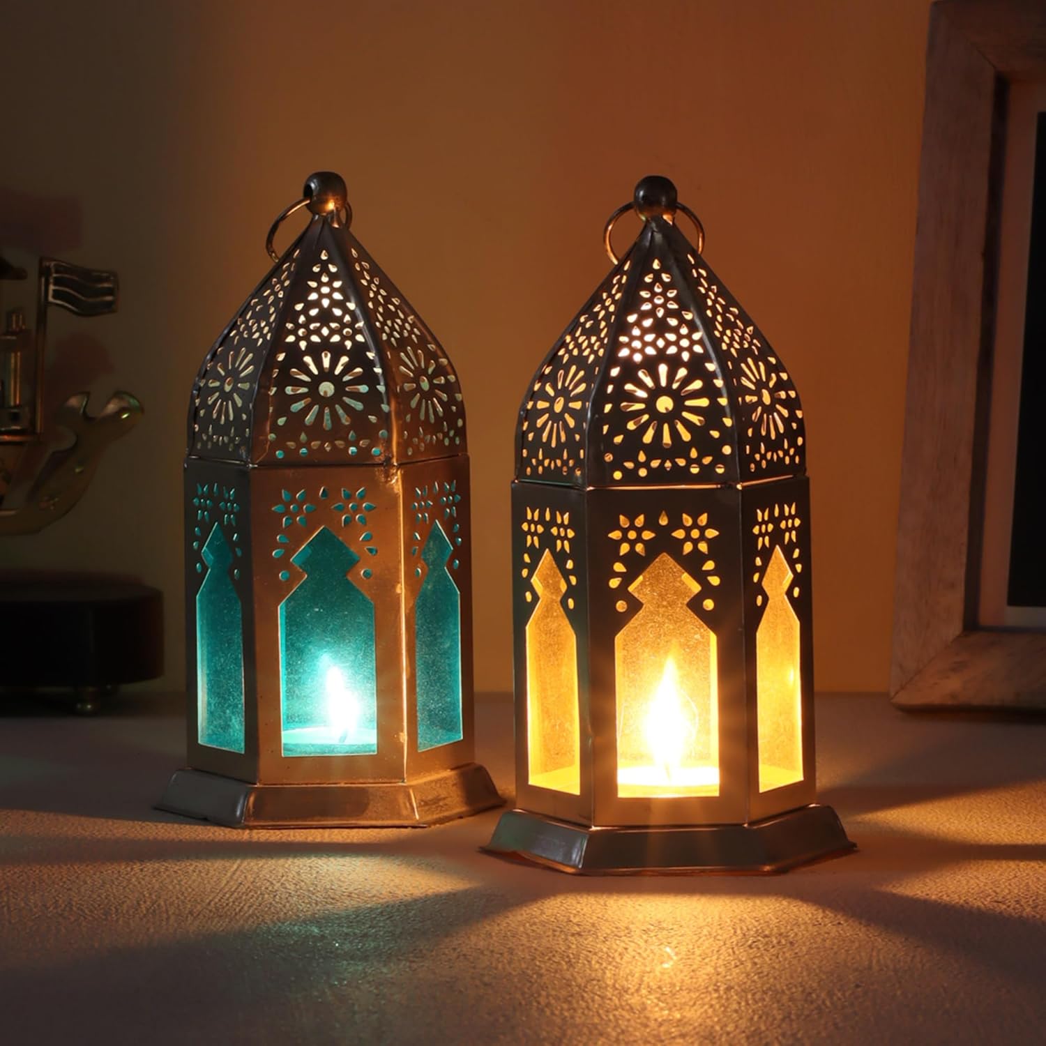 Dewali Small Moroccan Lantern/Lamp Set, Antique Decorative Hanging Lantern for Diwali, Set of 2, (1Yellow & 1 Blue)