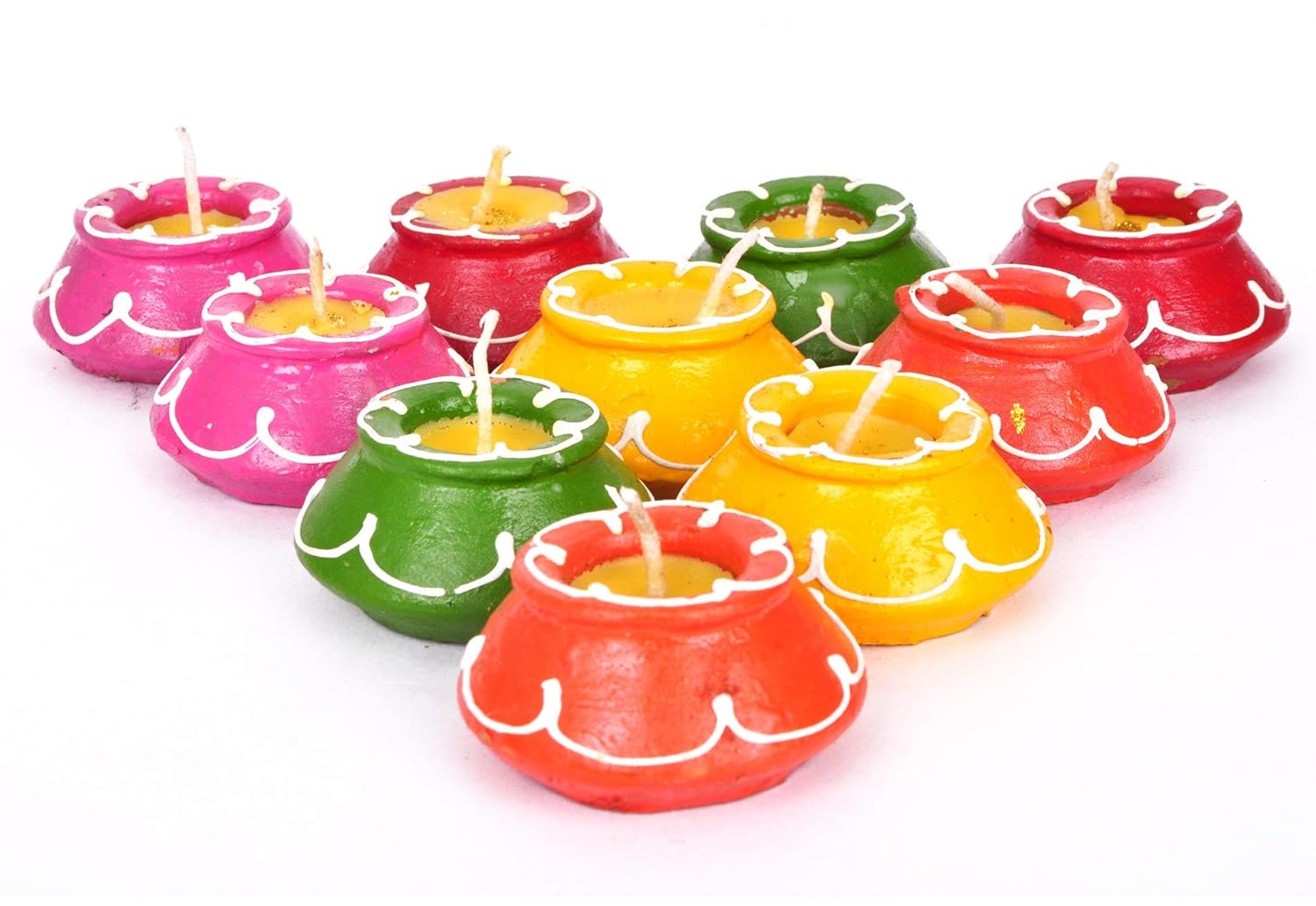TIED RIBBONS Pack of 10 Clay Diya Set - Matki Shape Teracotta Diya Set Waxed Filled Mitti Diya Earthen Diyas Combo Pack - Diwali Decor Diyas for Diwali (Set of 10, Multicolor)